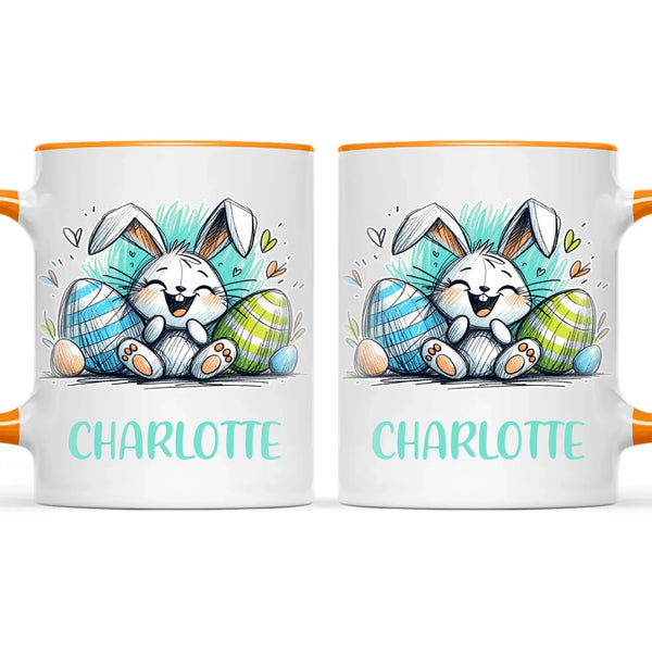 Personalised Easter Bunny Mug – Custom Name Cup for Kids – Happy Sketch Bunny with Colourful Eggs – Ceramic or Enamel – NZ Made