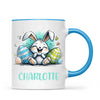 Personalised Easter Bunny Mug – Custom Name Cup for Kids – Happy Sketch Bunny with Colourful Eggs – Ceramic or Enamel – NZ Made
