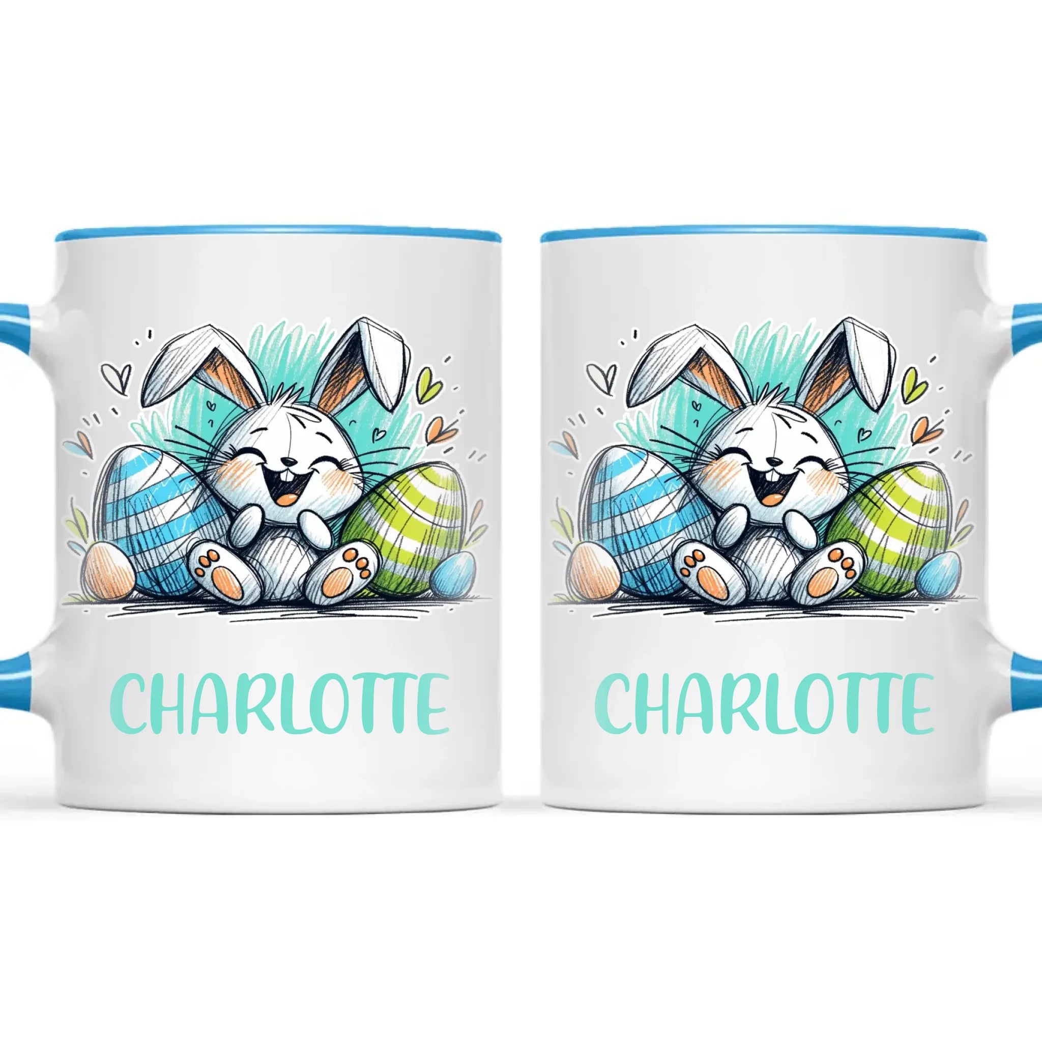 Personalised Easter Bunny Mug – Custom Name Cup for Kids – Happy Sketch Bunny with Colourful Eggs – Ceramic or Enamel – NZ Made