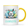 Personalised Easter Bunny Mug – Custom Name Cup for Kids – Happy Sketch Bunny with Colourful Eggs – Ceramic or Enamel – NZ Made