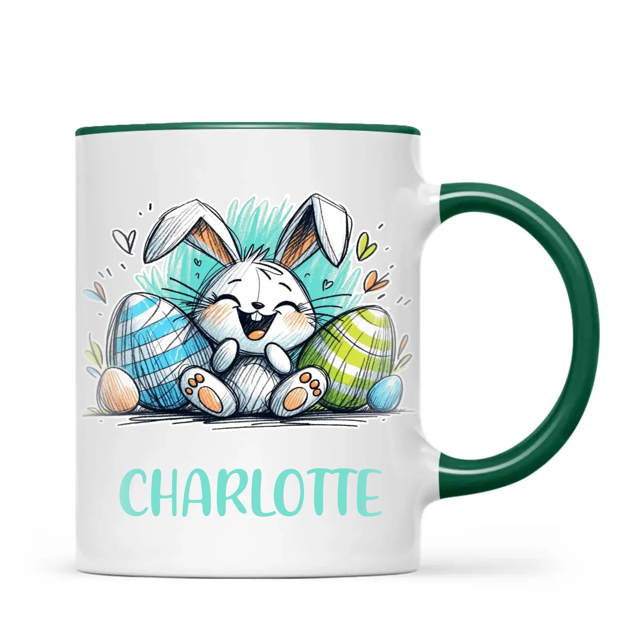 Personalised Easter Bunny Mug – Custom Name Cup for Kids – Happy Sketch Bunny with Colourful Eggs – Ceramic or Enamel – NZ Made