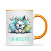 Personalised Easter Bunny Mug – Custom Name Cup for Kids – Happy Sketch Bunny with Colourful Eggs – Ceramic or Enamel – NZ Made