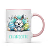 Personalised Easter Bunny Mug – Custom Name Cup for Kids – Happy Sketch Bunny with Colourful Eggs – Ceramic or Enamel – NZ Made