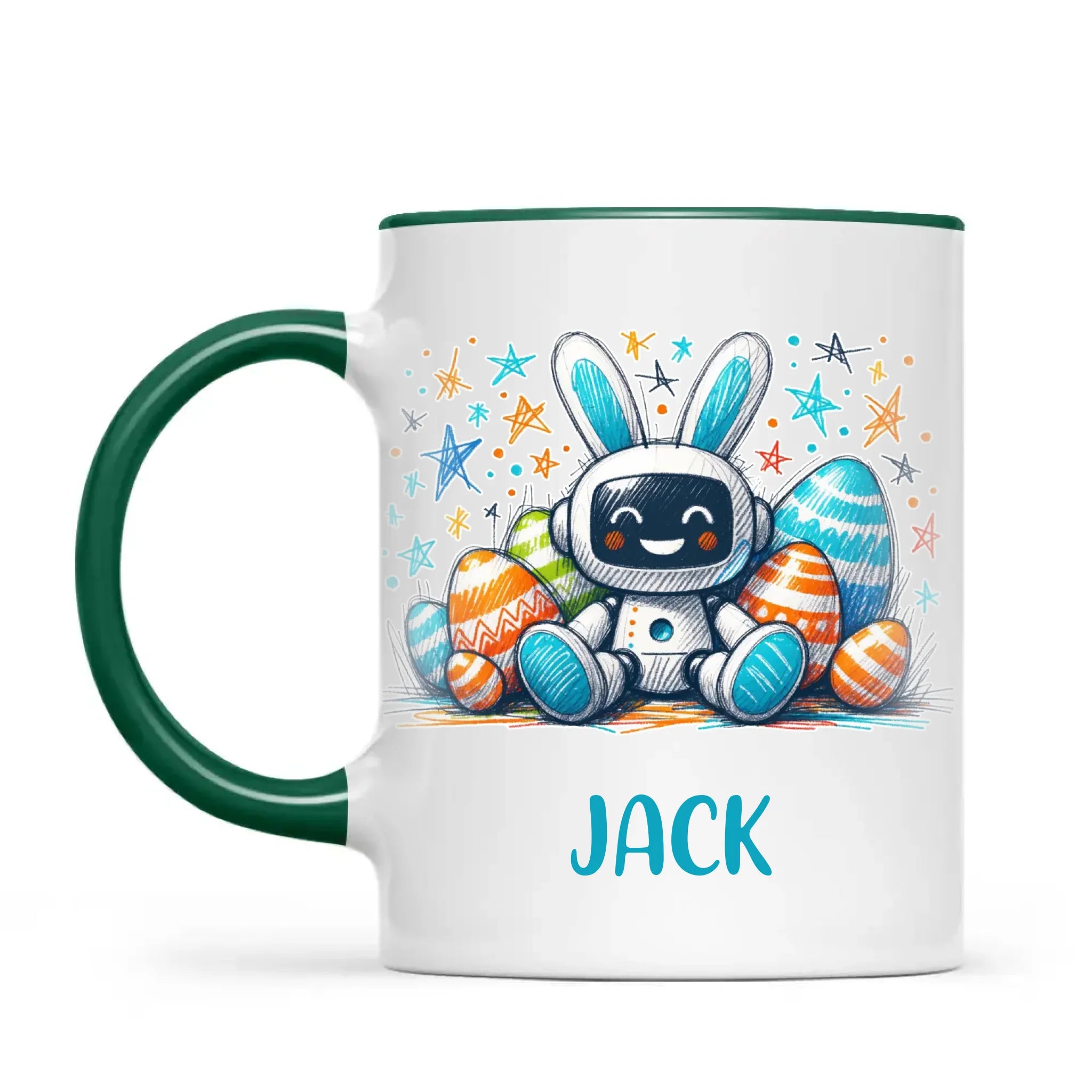 Personalised Easter Robot Bunny Mug – Custom Name Cup for Kids – Cute Sci-Fi Bunny with Eggs & Stars – Ceramic or Enamel – NZ Made