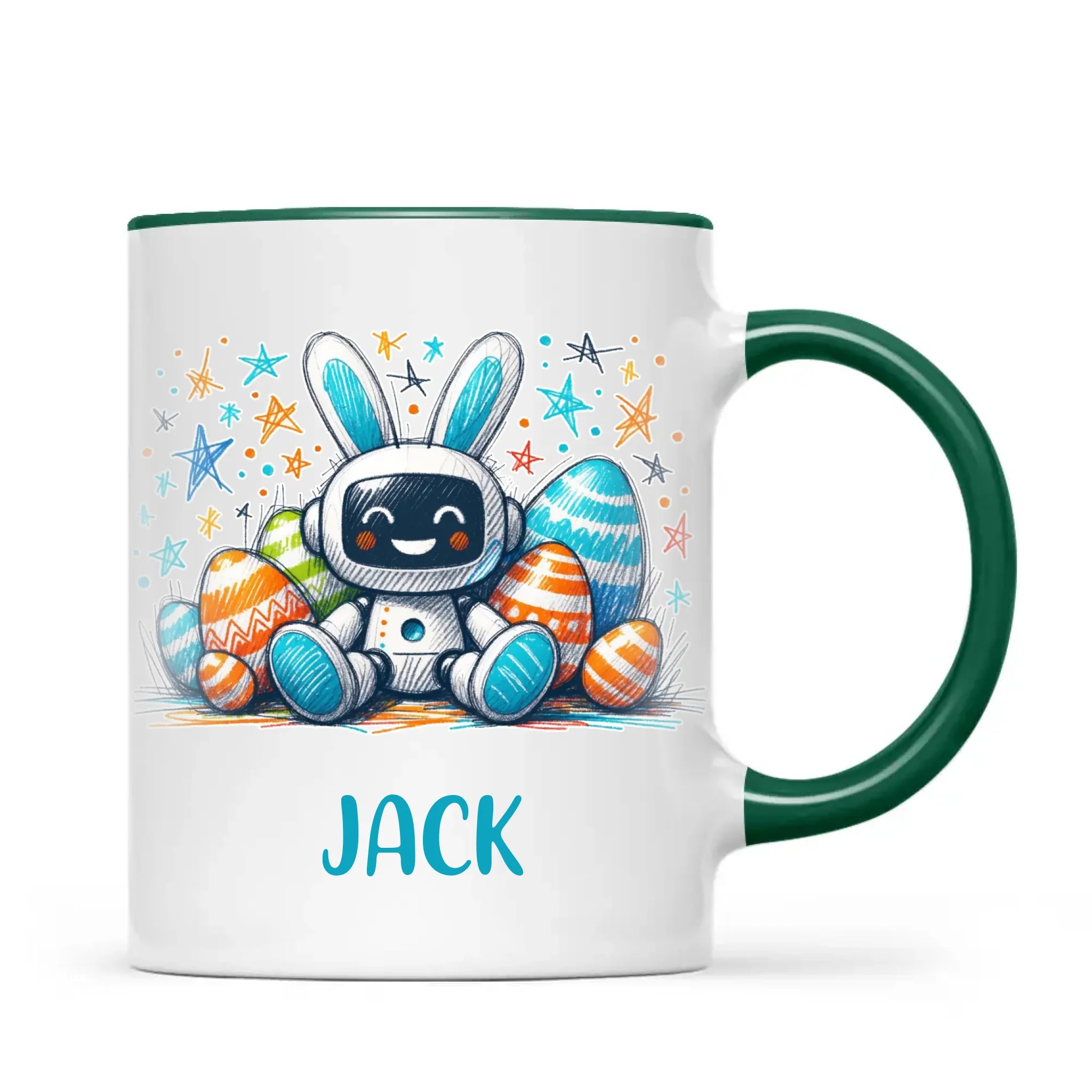 Personalised Easter Robot Bunny Mug – Custom Name Cup for Kids – Cute Sci-Fi Bunny with Eggs & Stars – Ceramic or Enamel – NZ Made