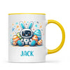 Personalised Easter Robot Bunny Mug – Custom Name Cup for Kids – Cute Sci-Fi Bunny with Eggs & Stars – Ceramic or Enamel – NZ Made