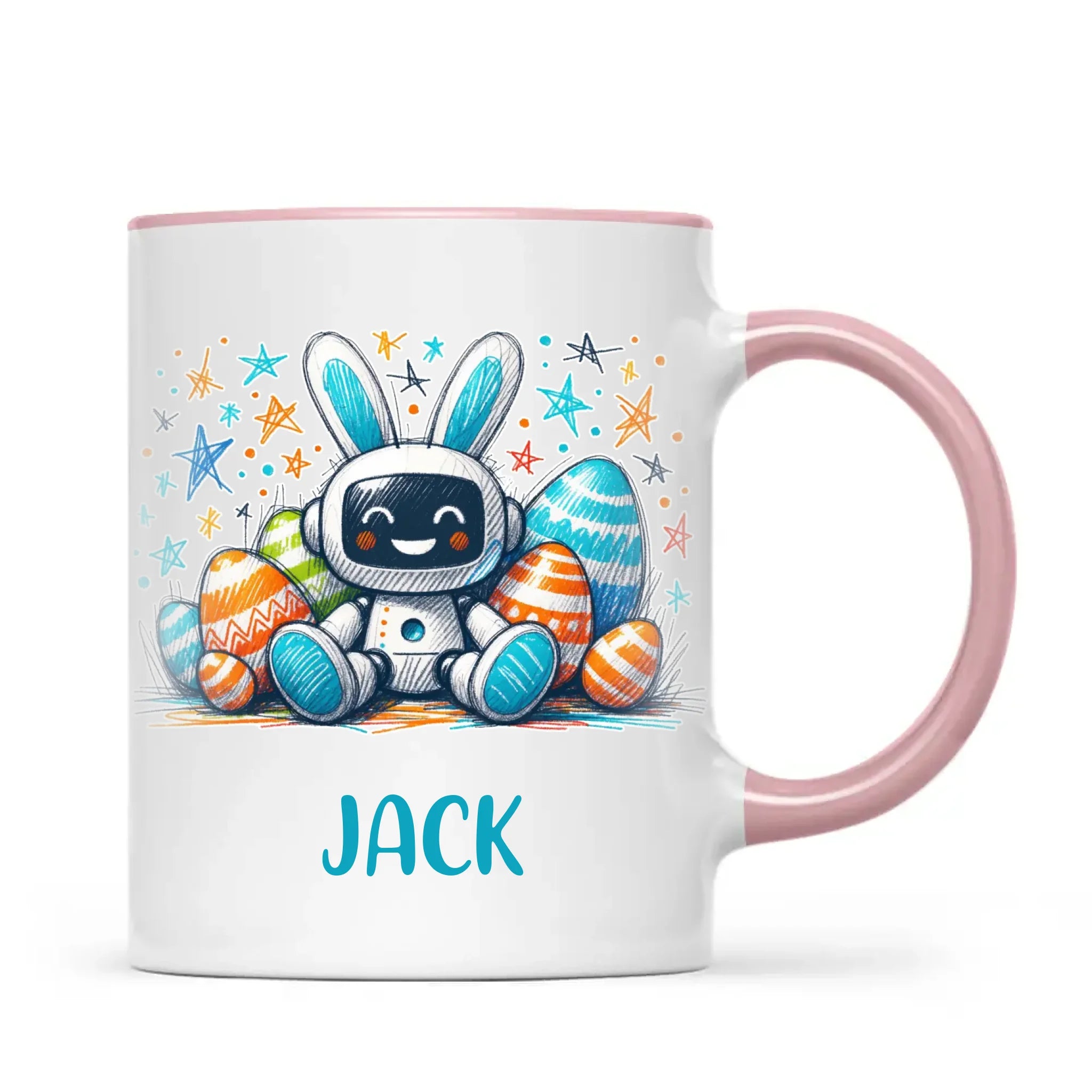 Personalised Easter Robot Bunny Mug – Custom Name Cup for Kids – Cute Sci-Fi Bunny with Eggs & Stars – Ceramic or Enamel – NZ Made