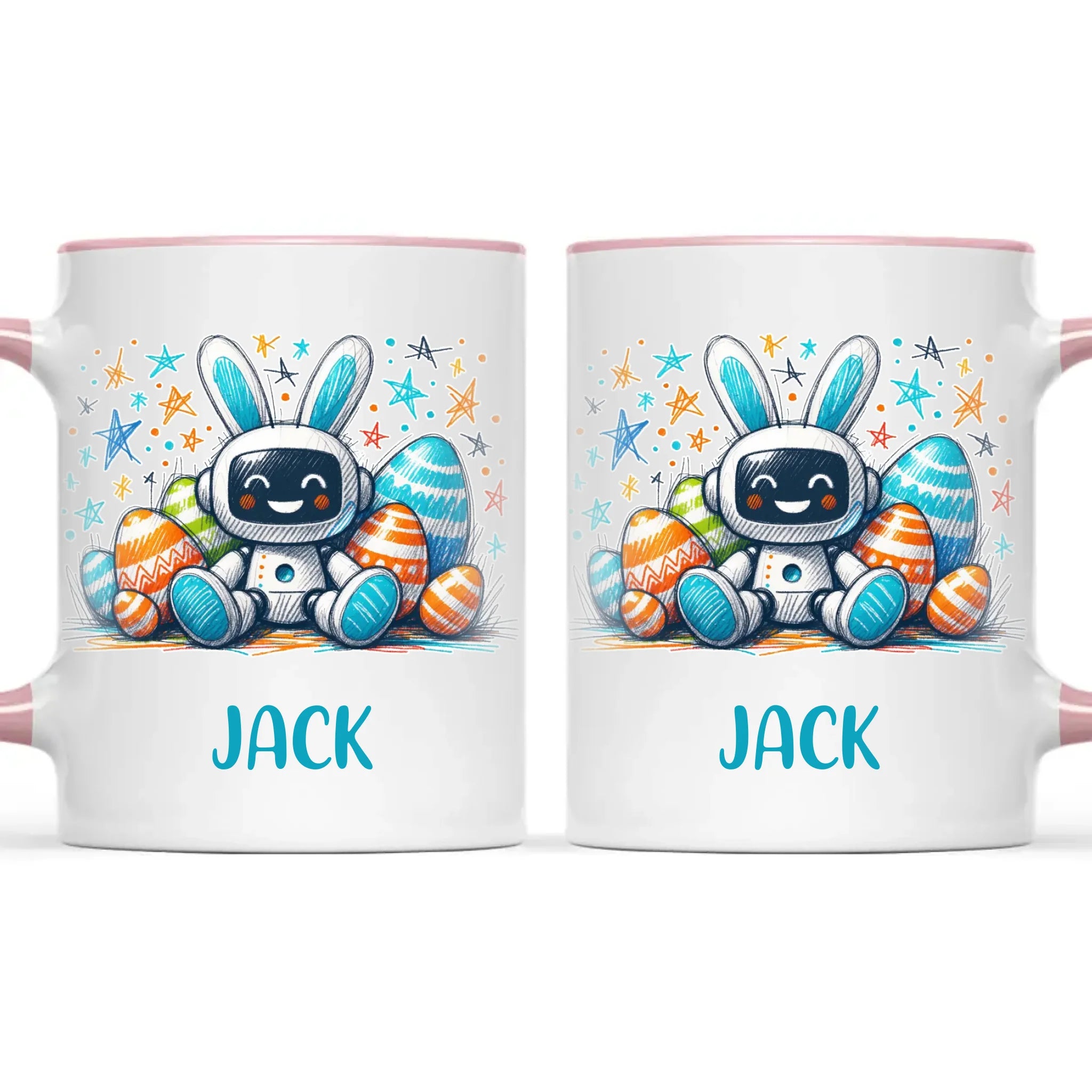 Personalised Easter Robot Bunny Mug – Custom Name Cup for Kids – Cute Sci-Fi Bunny with Eggs & Stars – Ceramic or Enamel – NZ Made