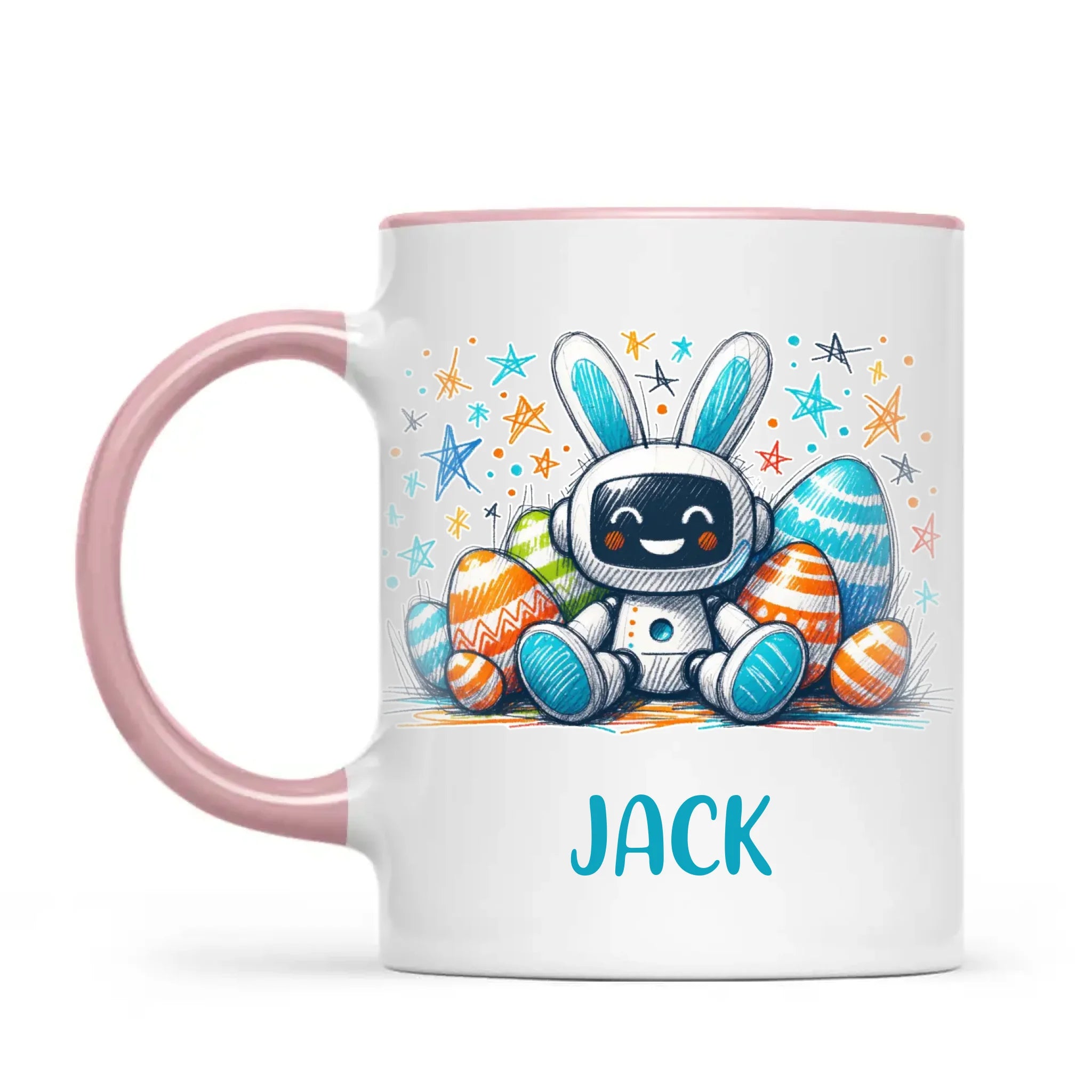 Personalised Easter Robot Bunny Mug – Custom Name Cup for Kids – Cute Sci-Fi Bunny with Eggs & Stars – Ceramic or Enamel – NZ Made