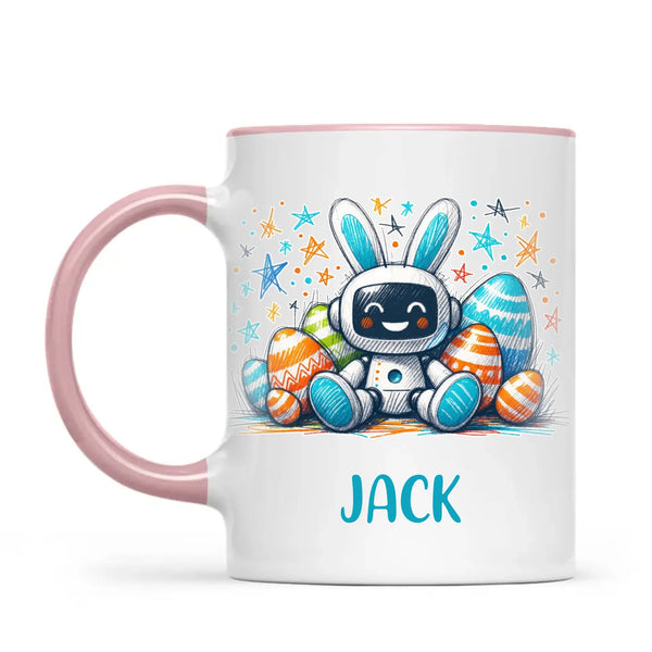 Personalised Easter Robot Bunny Mug – Custom Name Cup for Kids – Cute Sci-Fi Bunny with Eggs & Stars – Ceramic or Enamel – NZ Made