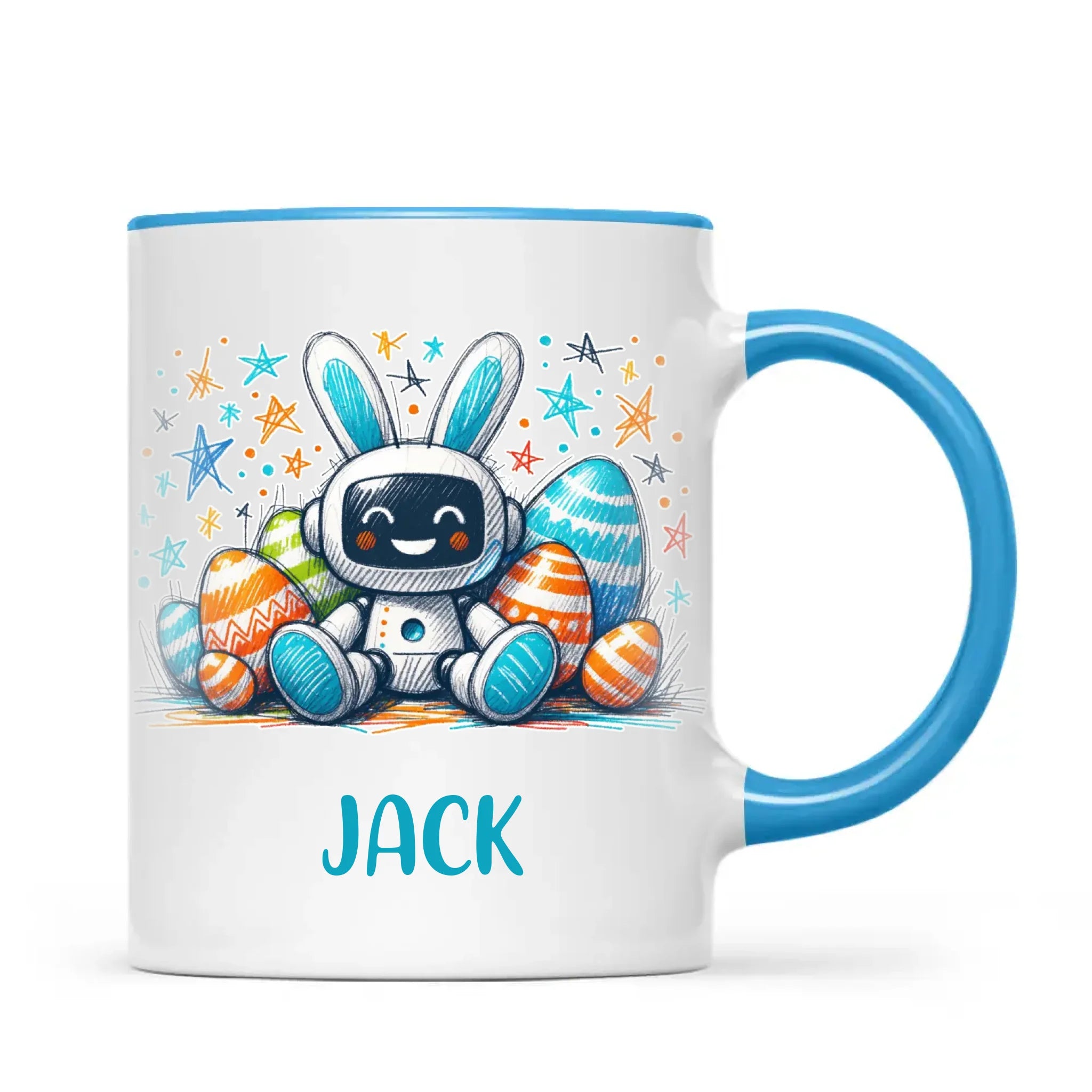 Personalised Easter Robot Bunny Mug – Custom Name Cup for Kids – Cute Sci-Fi Bunny with Eggs & Stars – Ceramic or Enamel – NZ Made