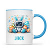 Personalised Easter Robot Bunny Mug – Custom Name Cup for Kids – Cute Sci-Fi Bunny with Eggs & Stars – Ceramic or Enamel – NZ Made