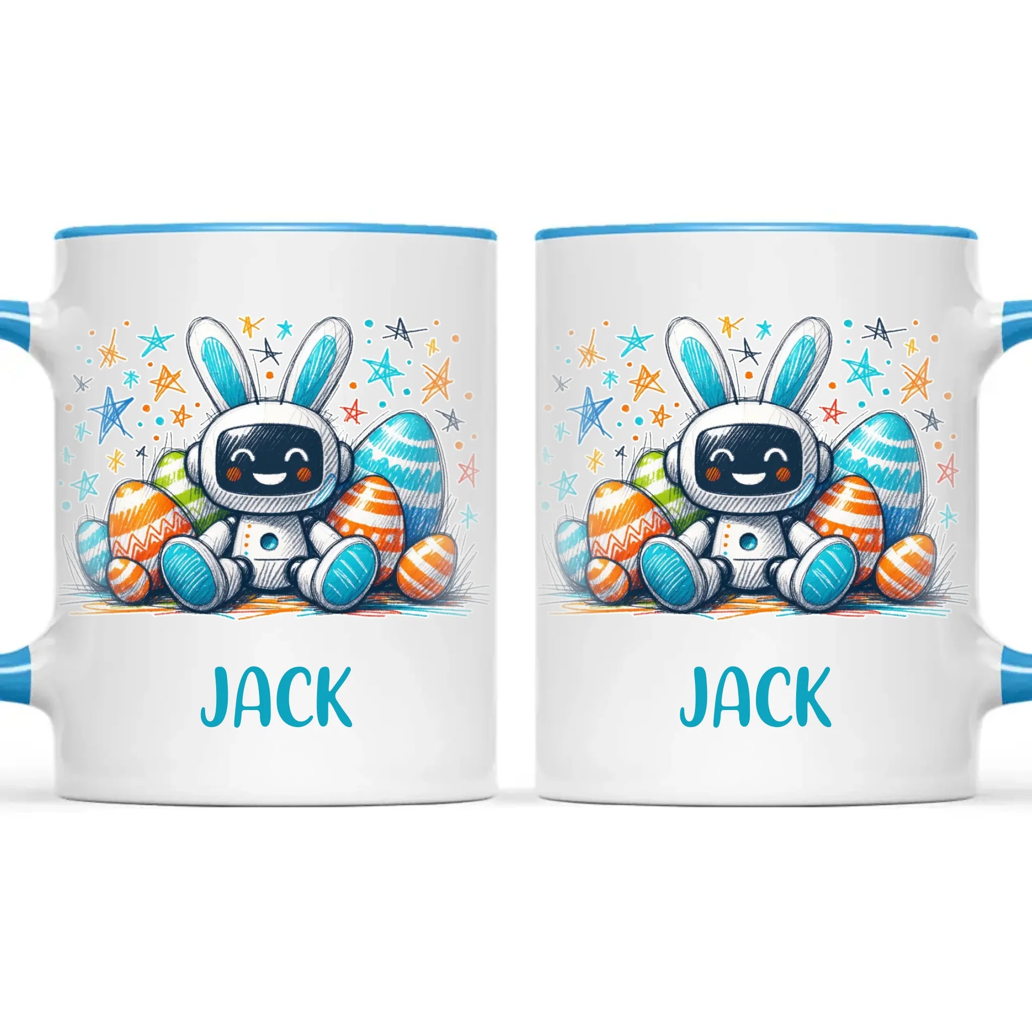 Personalised Easter Robot Bunny Mug – Custom Name Cup for Kids – Cute Sci-Fi Bunny with Eggs & Stars – Ceramic or Enamel – NZ Made