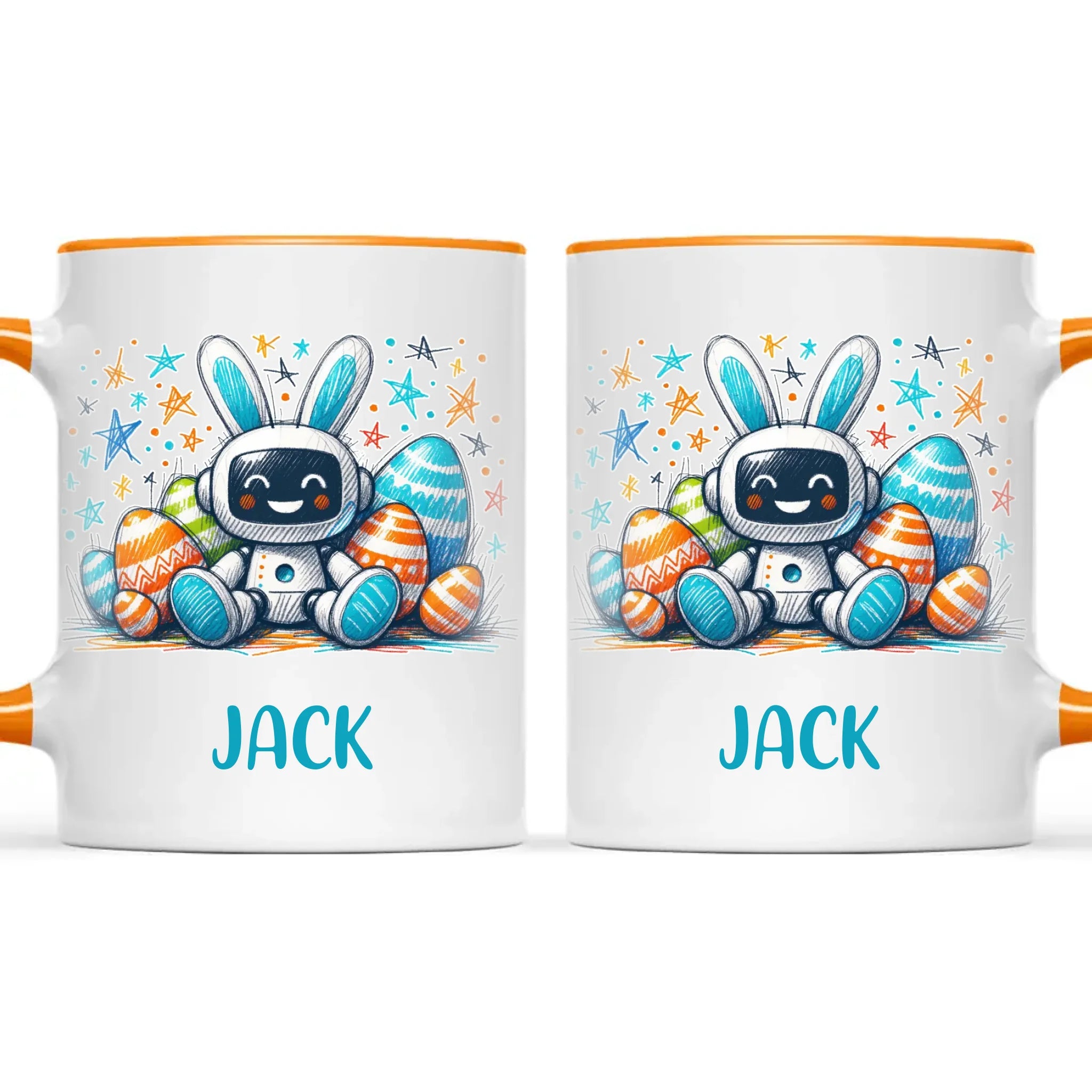 Personalised Easter Robot Bunny Mug – Custom Name Cup for Kids – Cute Sci-Fi Bunny with Eggs & Stars – Ceramic or Enamel – NZ Made