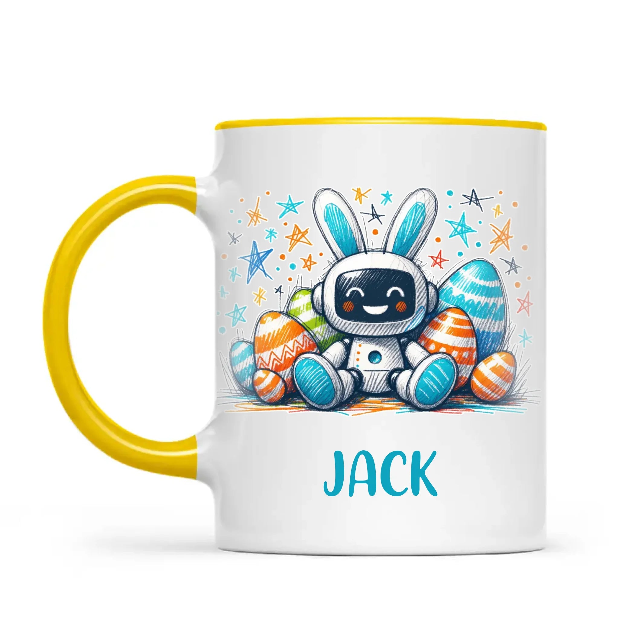 Personalised Easter Robot Bunny Mug – Custom Name Cup for Kids – Cute Sci-Fi Bunny with Eggs & Stars – Ceramic or Enamel – NZ Made