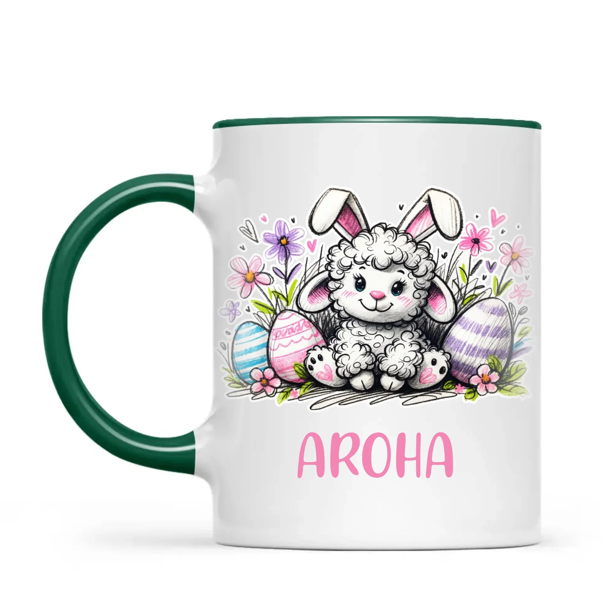 Personalised Easter Mug – Cute Lamb with Bunny Ears & Eggs – Custom Name Kids Cup – Ceramic or Enamel – NZ Made Gift