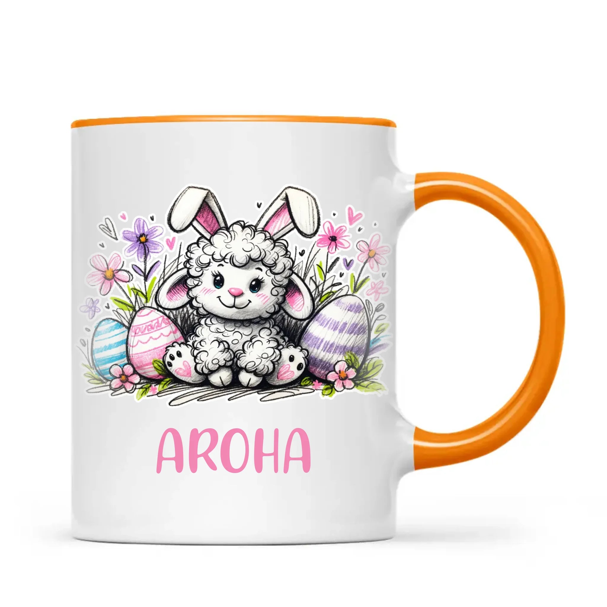 Personalised Easter Mug – Cute Lamb with Bunny Ears & Eggs – Custom Name Kids Cup – Ceramic or Enamel – NZ Made Gift