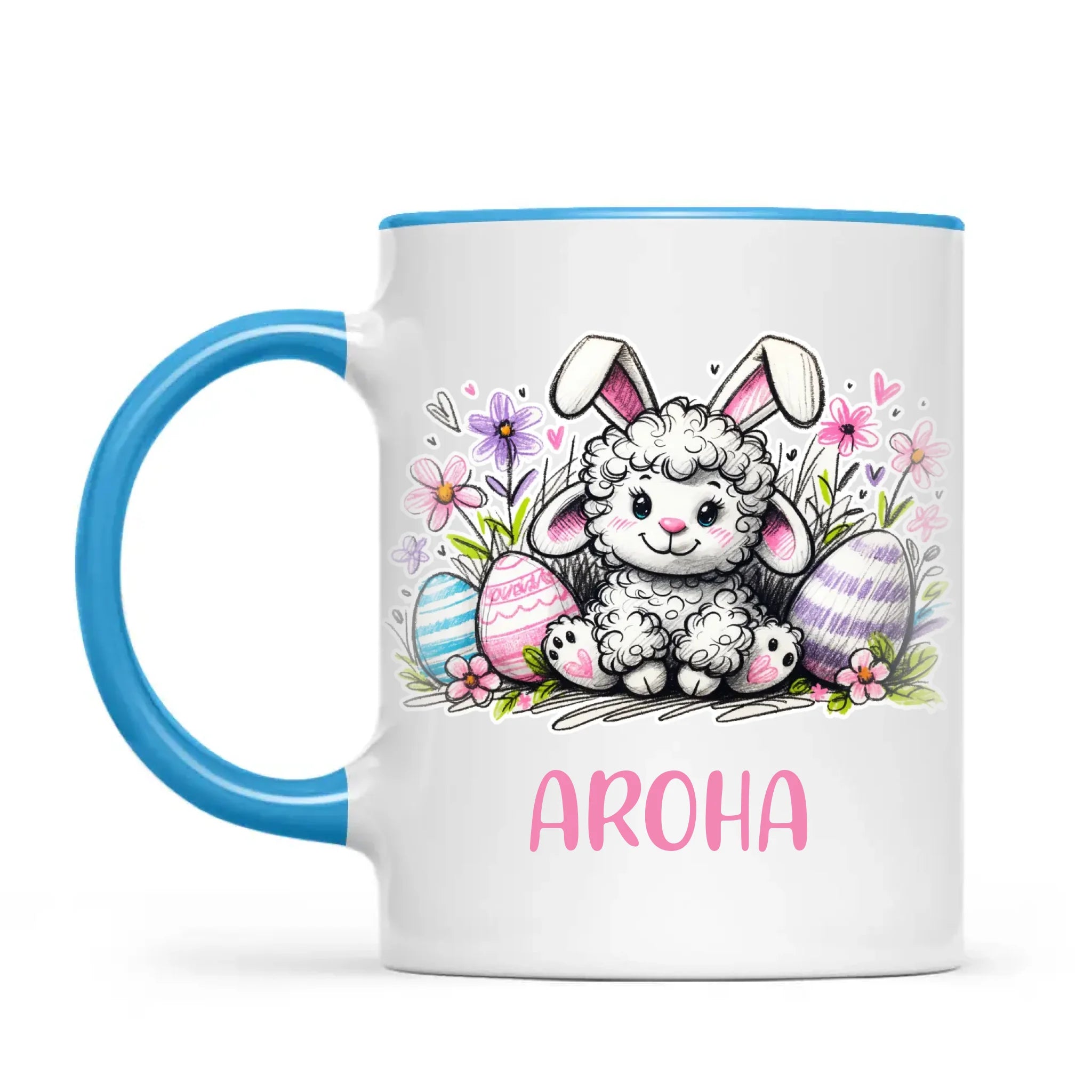 Personalised Easter Mug – Cute Lamb with Bunny Ears & Eggs – Custom Name Kids Cup – Ceramic or Enamel – NZ Made Gift