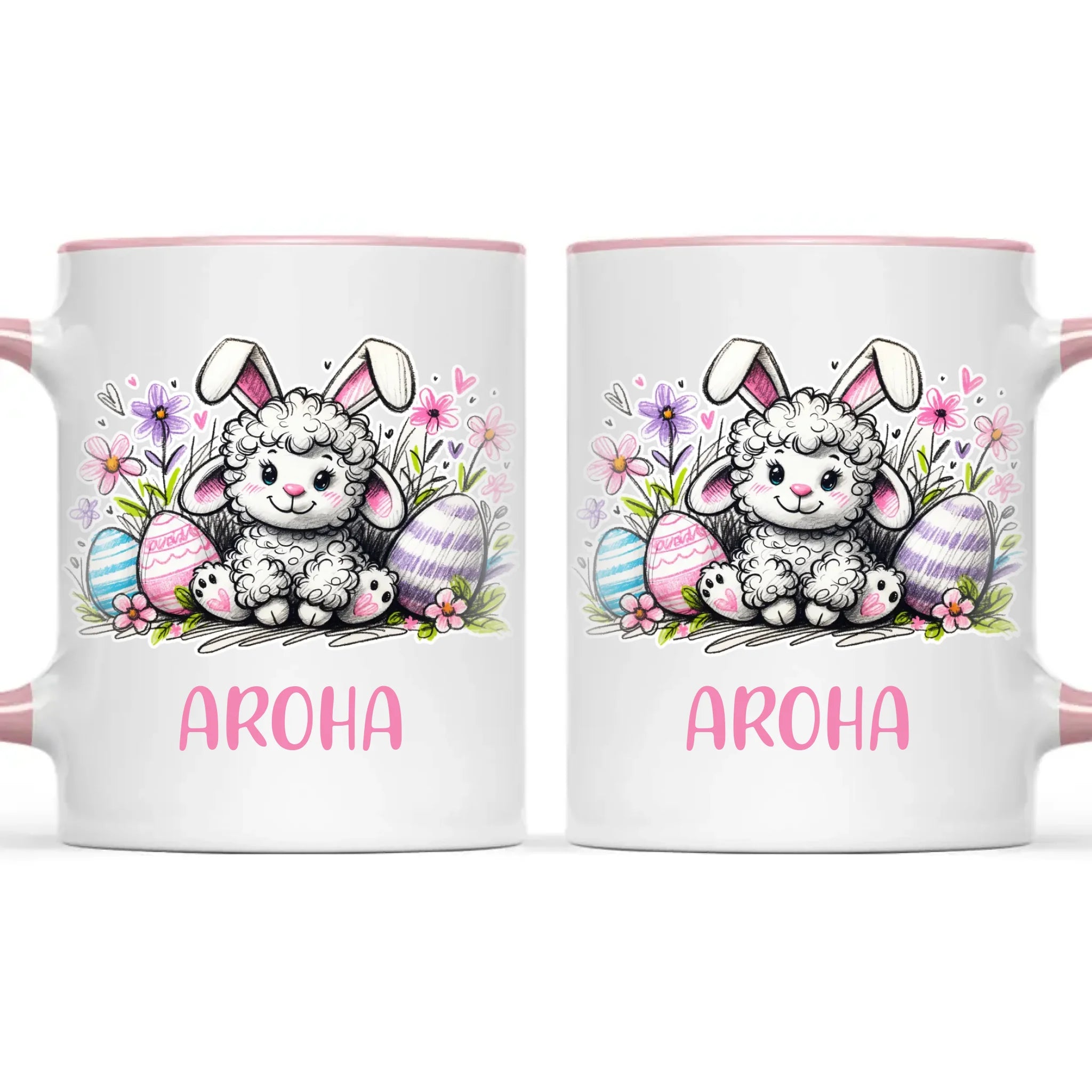 Personalised Easter Mug – Cute Lamb with Bunny Ears & Eggs – Custom Name Kids Cup – Ceramic or Enamel – NZ Made Gift