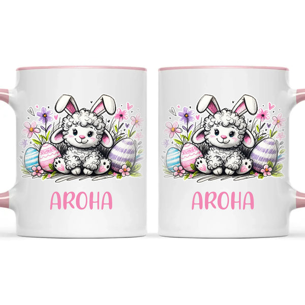 Personalised Easter Mug – Cute Lamb with Bunny Ears & Eggs – Custom Name Kids Cup – Ceramic or Enamel – NZ Made Gift