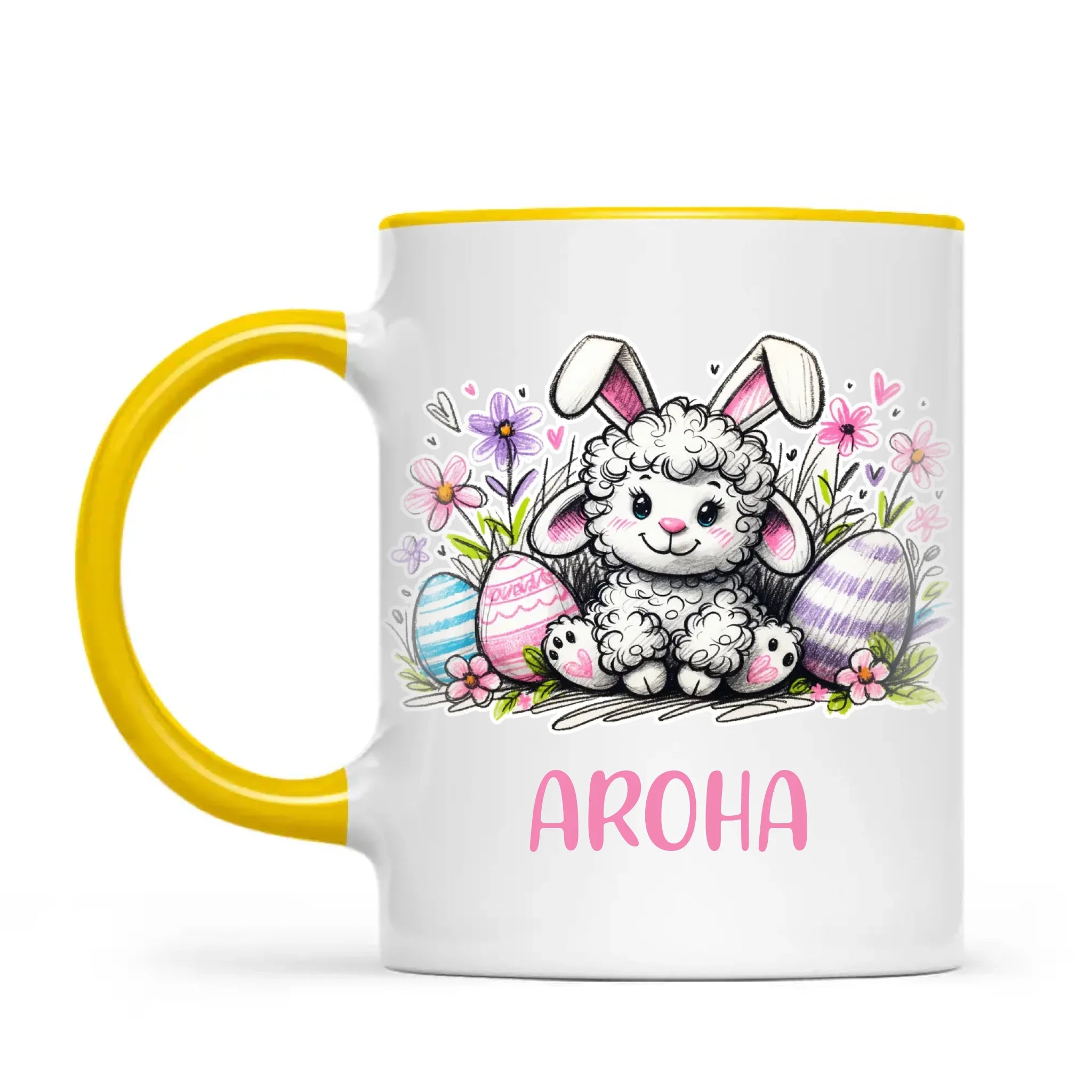 Personalised Easter Mug – Cute Lamb with Bunny Ears & Eggs – Custom Name Kids Cup – Ceramic or Enamel – NZ Made Gift