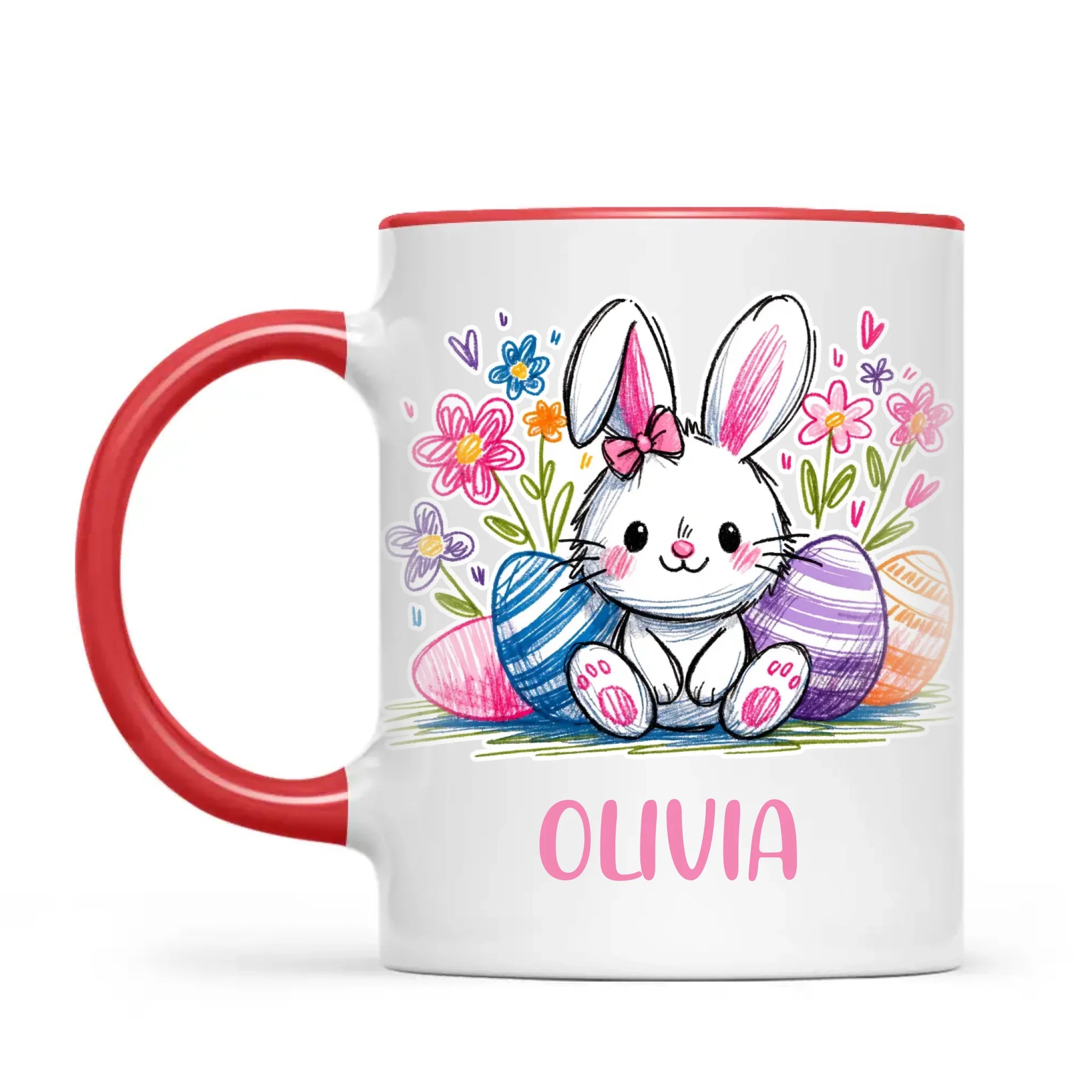 Personalised Easter Bunny Mug – Custom Name Kids Cup with Colourful Eggs & Flowers – Cute Girl Bunny Gift – Ceramic or Enamel – NZ Made
