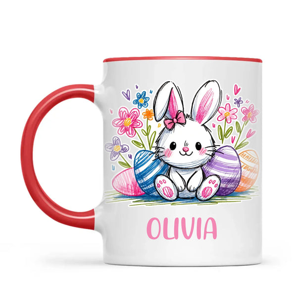 Personalised Easter Bunny Mug – Custom Name Kids Cup with Colourful Eggs & Flowers – Cute Girl Bunny Gift – Ceramic or Enamel – NZ Made