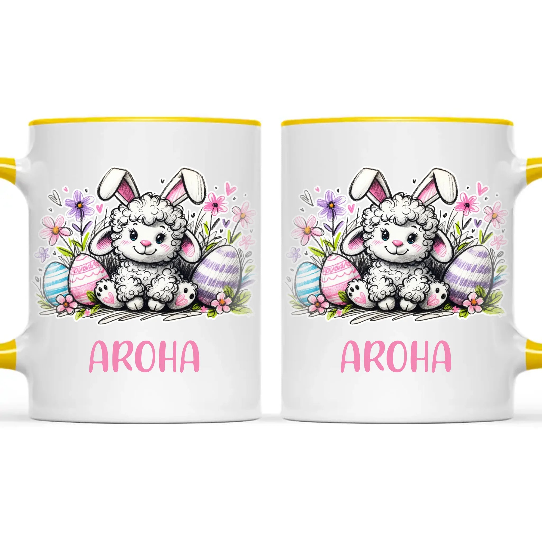 Personalised Easter Mug – Cute Lamb with Bunny Ears & Eggs – Custom Name Kids Cup – Ceramic or Enamel – NZ Made Gift