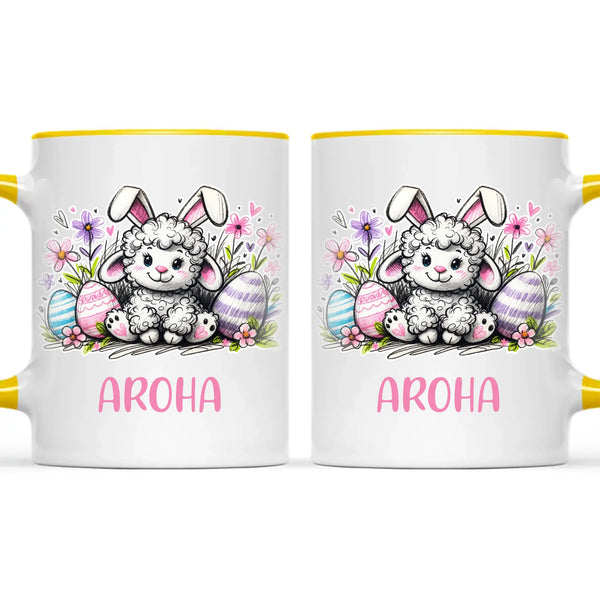 Personalised Easter Mug – Cute Lamb with Bunny Ears & Eggs – Custom Name Kids Cup – Ceramic or Enamel – NZ Made Gift