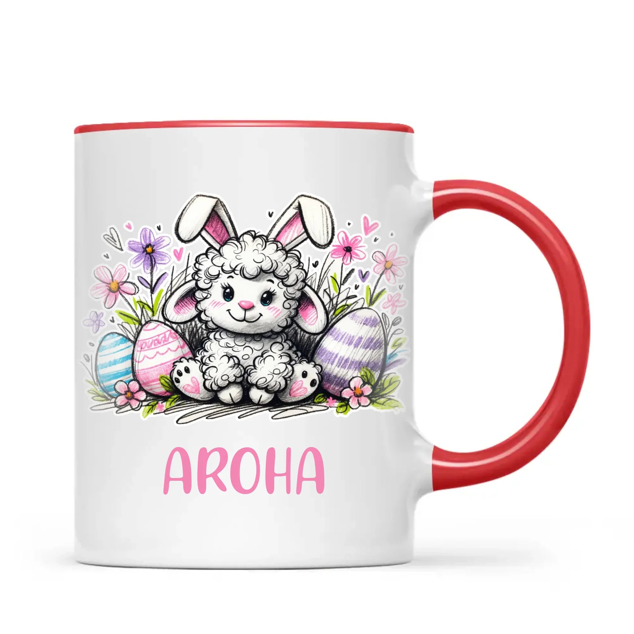Personalised Easter Mug – Cute Lamb with Bunny Ears & Eggs – Custom Name Kids Cup – Ceramic or Enamel – NZ Made Gift