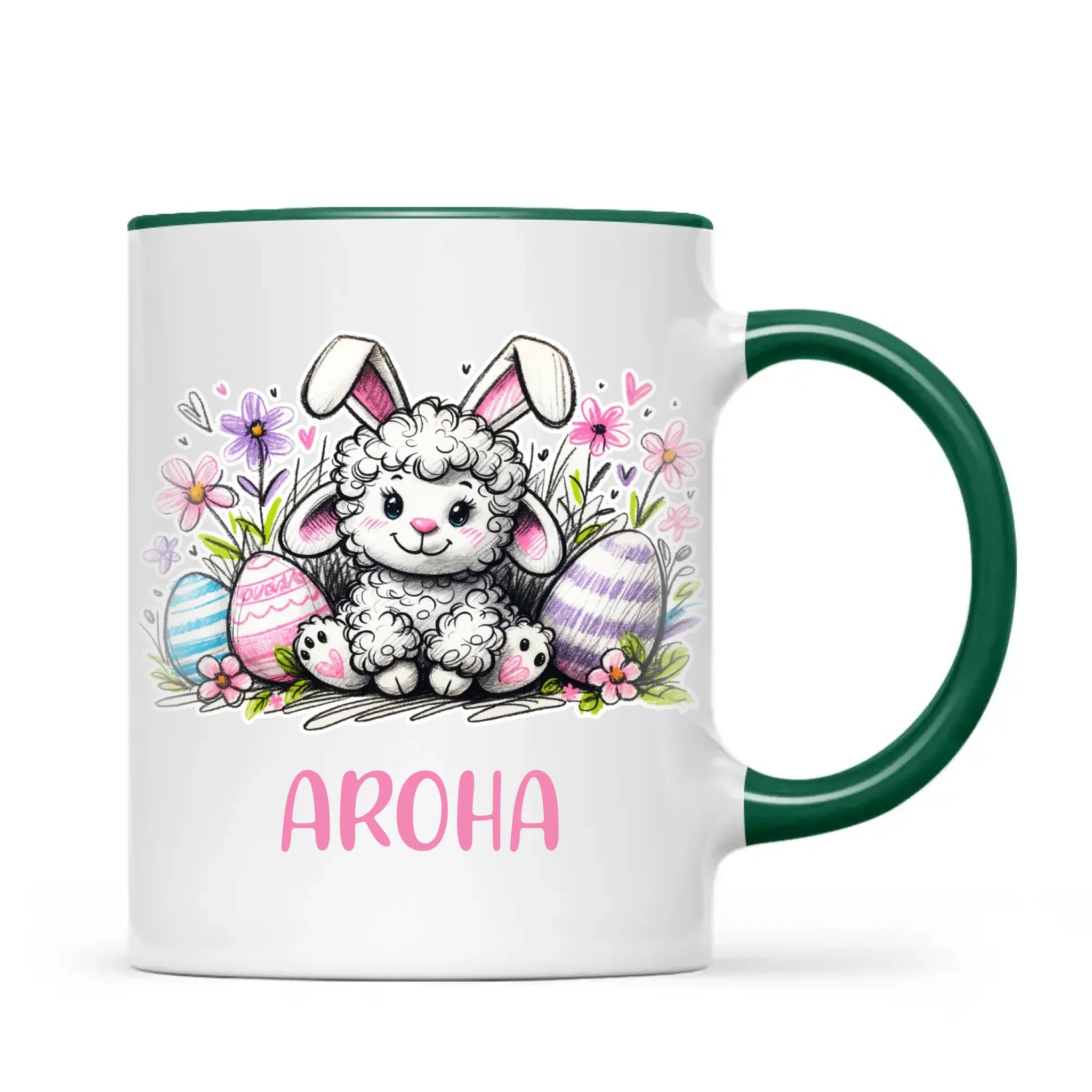 Personalised Easter Mug – Cute Lamb with Bunny Ears & Eggs – Custom Name Kids Cup – Ceramic or Enamel – NZ Made Gift