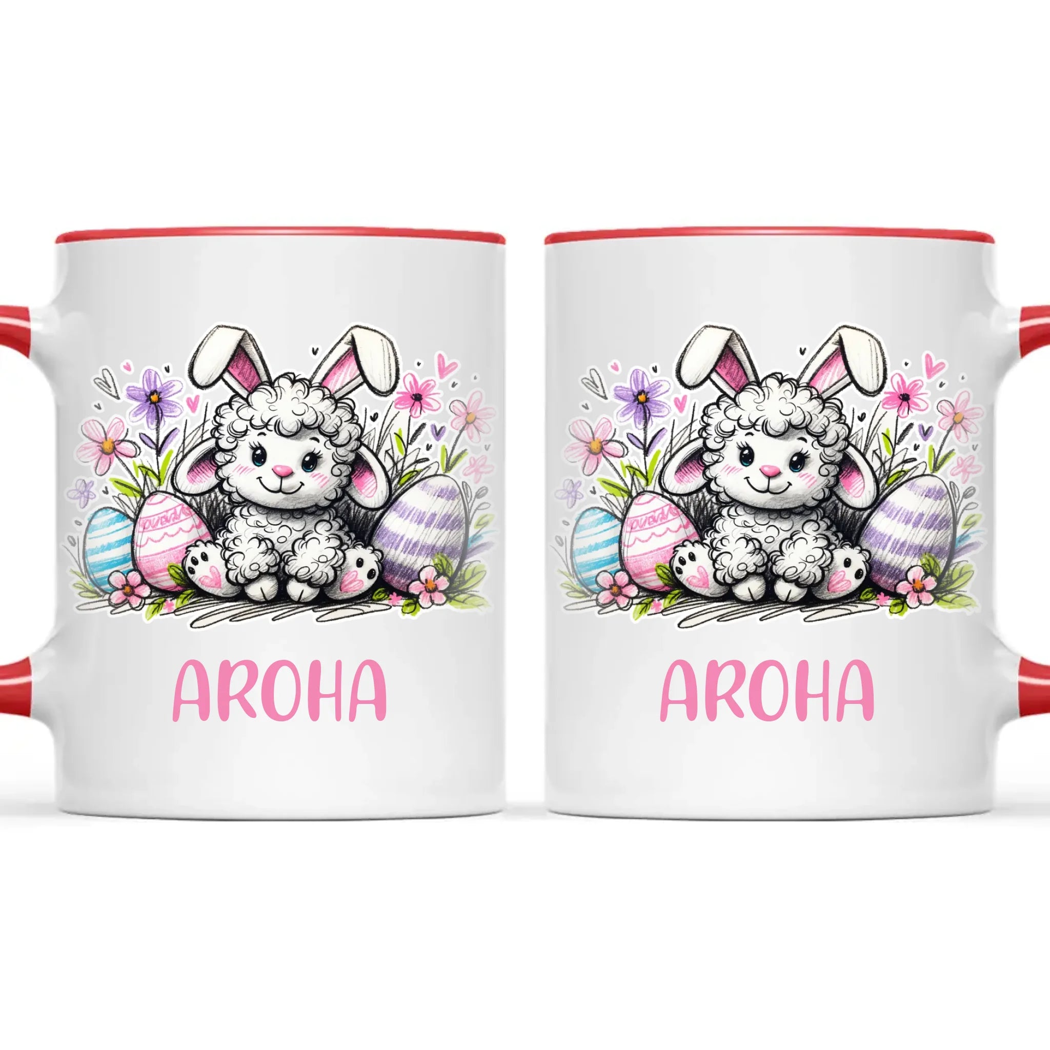 Personalised Easter Mug – Cute Lamb with Bunny Ears & Eggs – Custom Name Kids Cup – Ceramic or Enamel – NZ Made Gift
