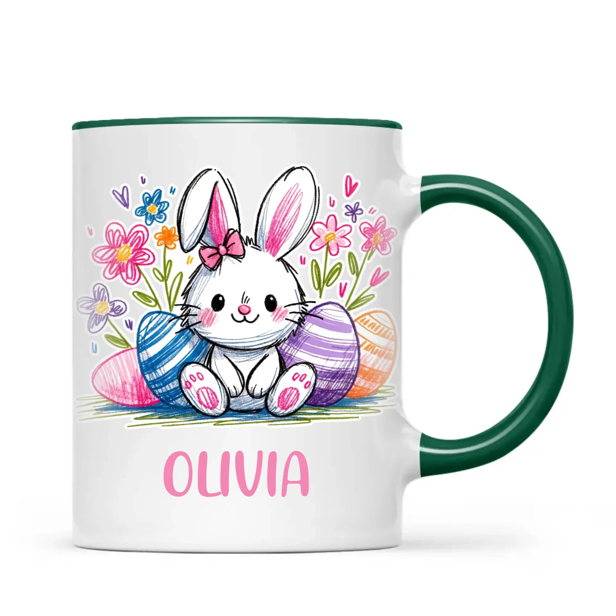 Personalised Easter Bunny Mug – Custom Name Kids Cup with Colourful Eggs & Flowers – Cute Girl Bunny Gift – Ceramic or Enamel – NZ Made