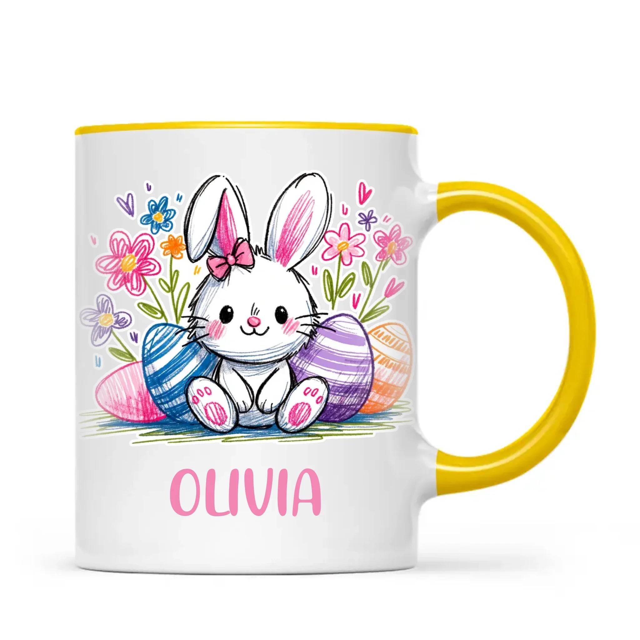 Personalised Easter Bunny Mug – Custom Name Kids Cup with Colourful Eggs & Flowers – Cute Girl Bunny Gift – Ceramic or Enamel – NZ Made