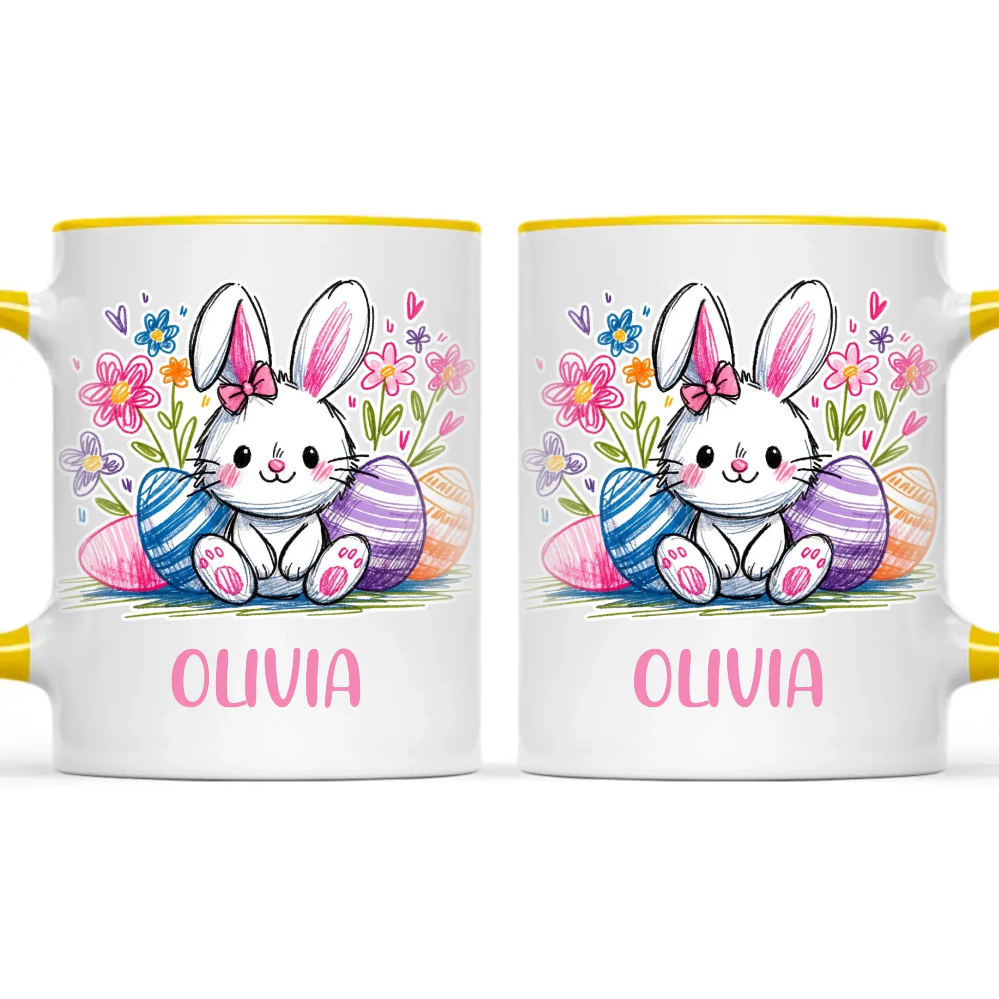 Personalised Easter Bunny Mug – Custom Name Kids Cup with Colourful Eggs & Flowers – Cute Girl Bunny Gift – Ceramic or Enamel – NZ Made
