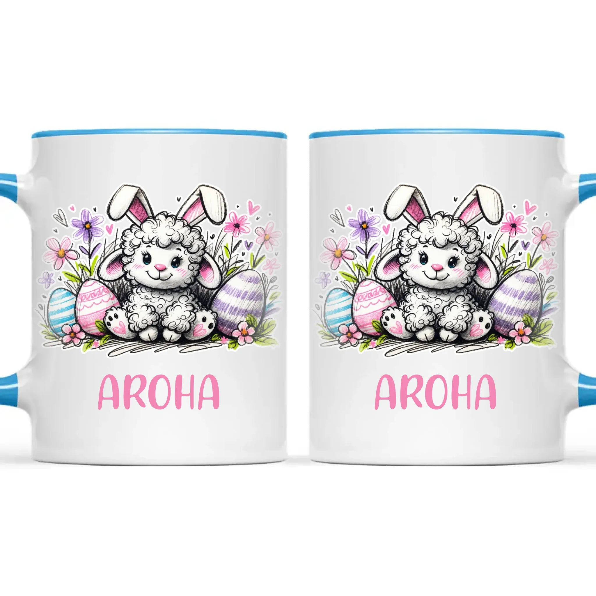 Personalised Easter Mug – Cute Lamb with Bunny Ears & Eggs – Custom Name Kids Cup – Ceramic or Enamel – NZ Made Gift