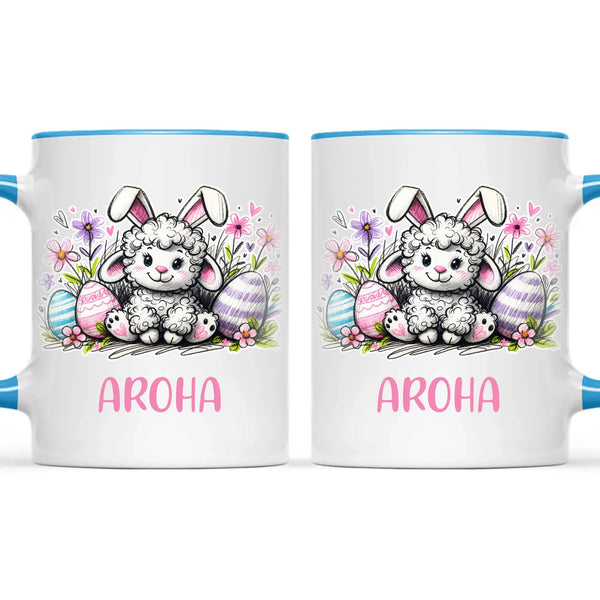 Personalised Easter Mug – Cute Lamb with Bunny Ears & Eggs – Custom Name Kids Cup – Ceramic or Enamel – NZ Made Gift