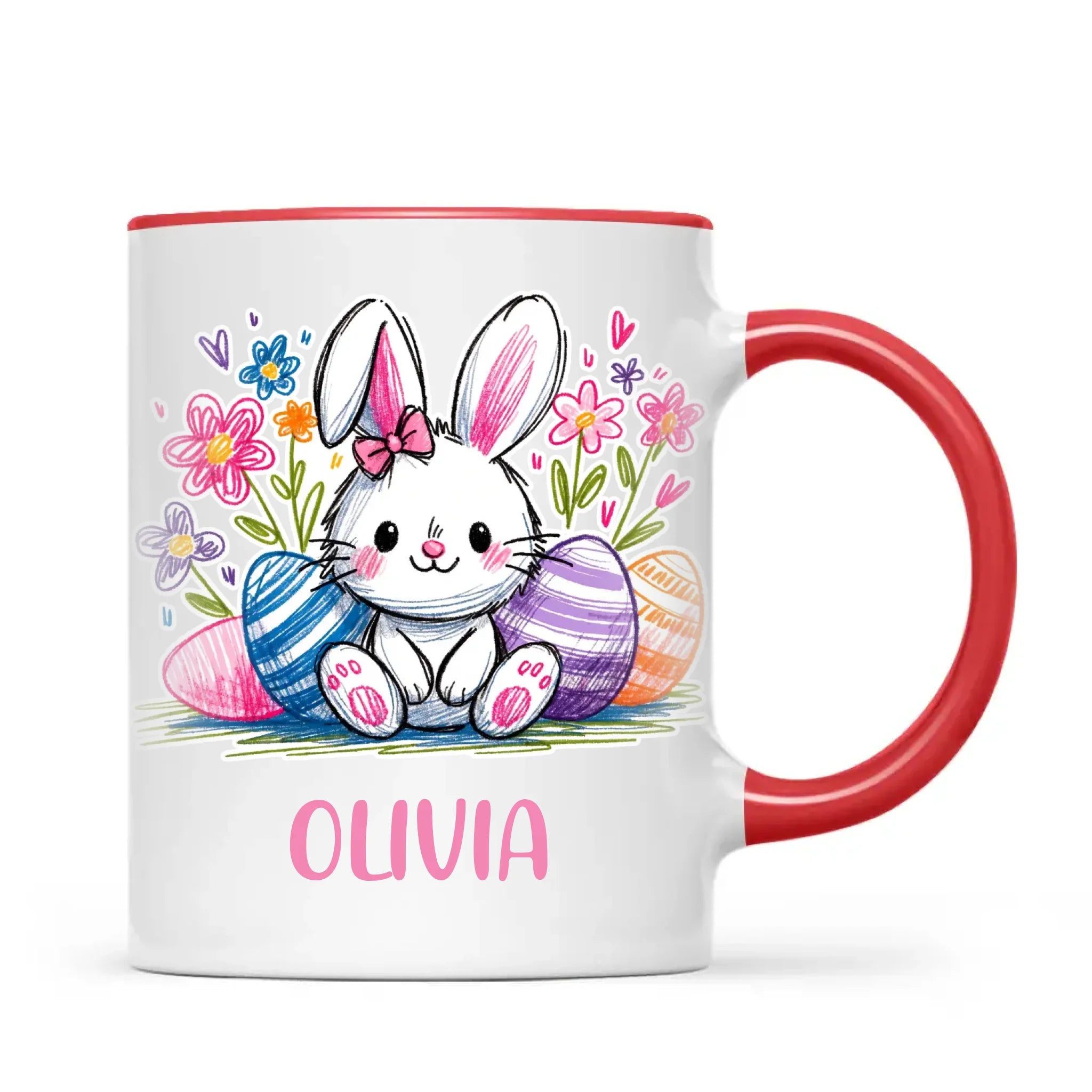 Personalised Easter Bunny Mug – Custom Name Kids Cup with Colourful Eggs & Flowers – Cute Girl Bunny Gift – Ceramic or Enamel – NZ Made