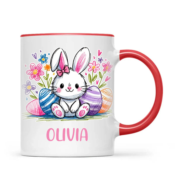 Personalised Easter Bunny Mug – Custom Name Kids Cup with Colourful Eggs & Flowers – Cute Girl Bunny Gift – Ceramic or Enamel – NZ Made