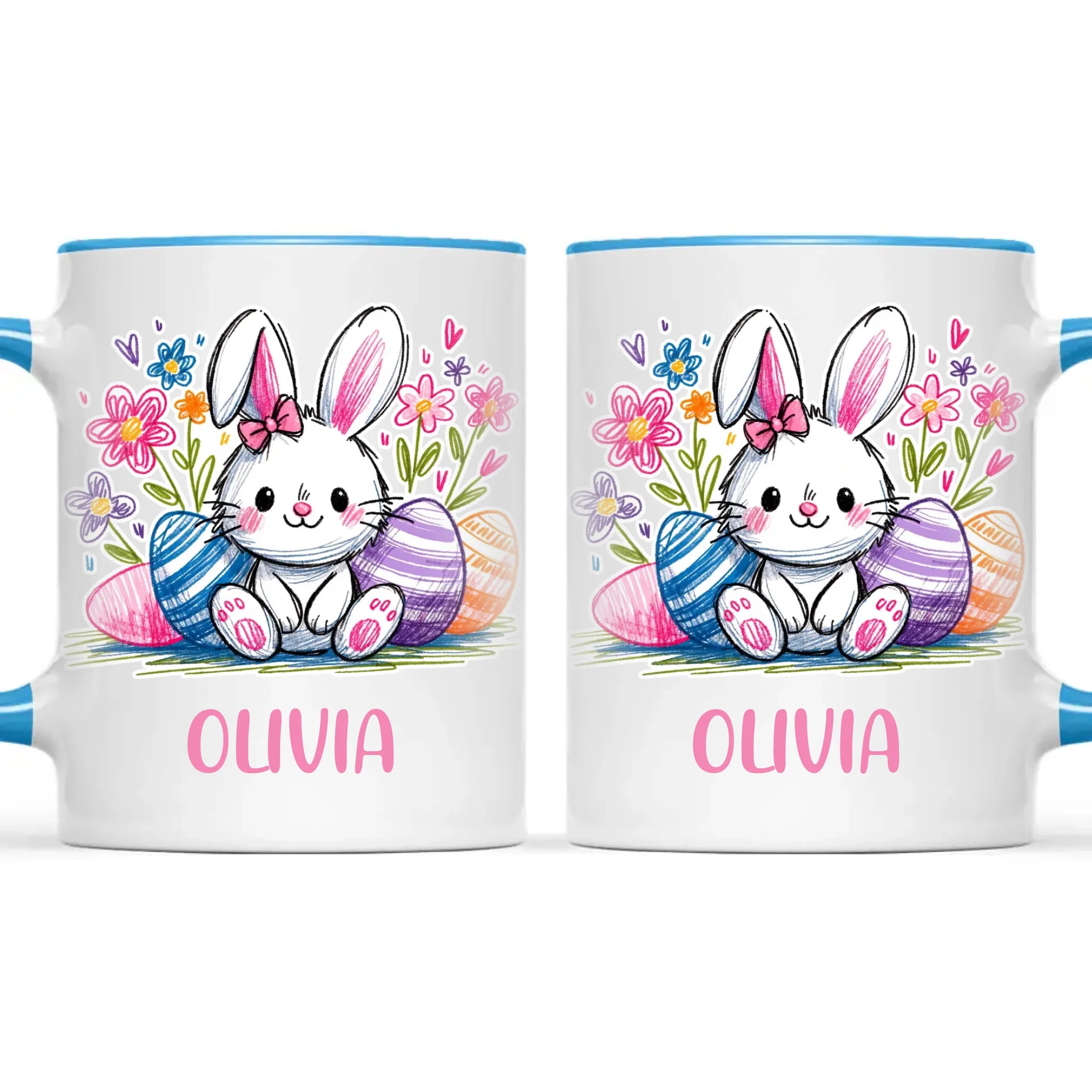 Personalised Easter Bunny Mug – Custom Name Kids Cup with Colourful Eggs & Flowers – Cute Girl Bunny Gift – Ceramic or Enamel – NZ Made