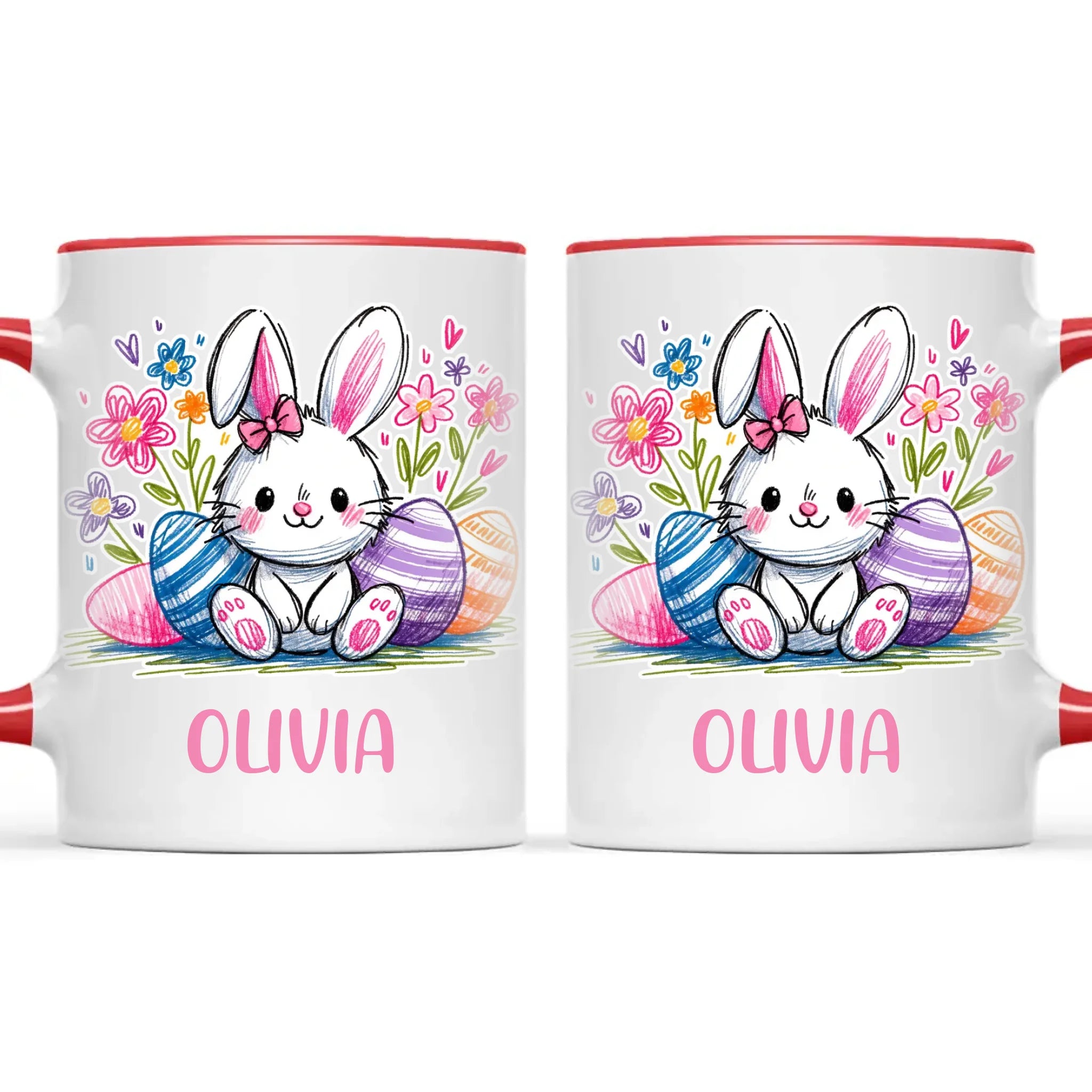 Personalised Easter Bunny Mug – Custom Name Kids Cup with Colourful Eggs & Flowers – Cute Girl Bunny Gift – Ceramic or Enamel – NZ Made