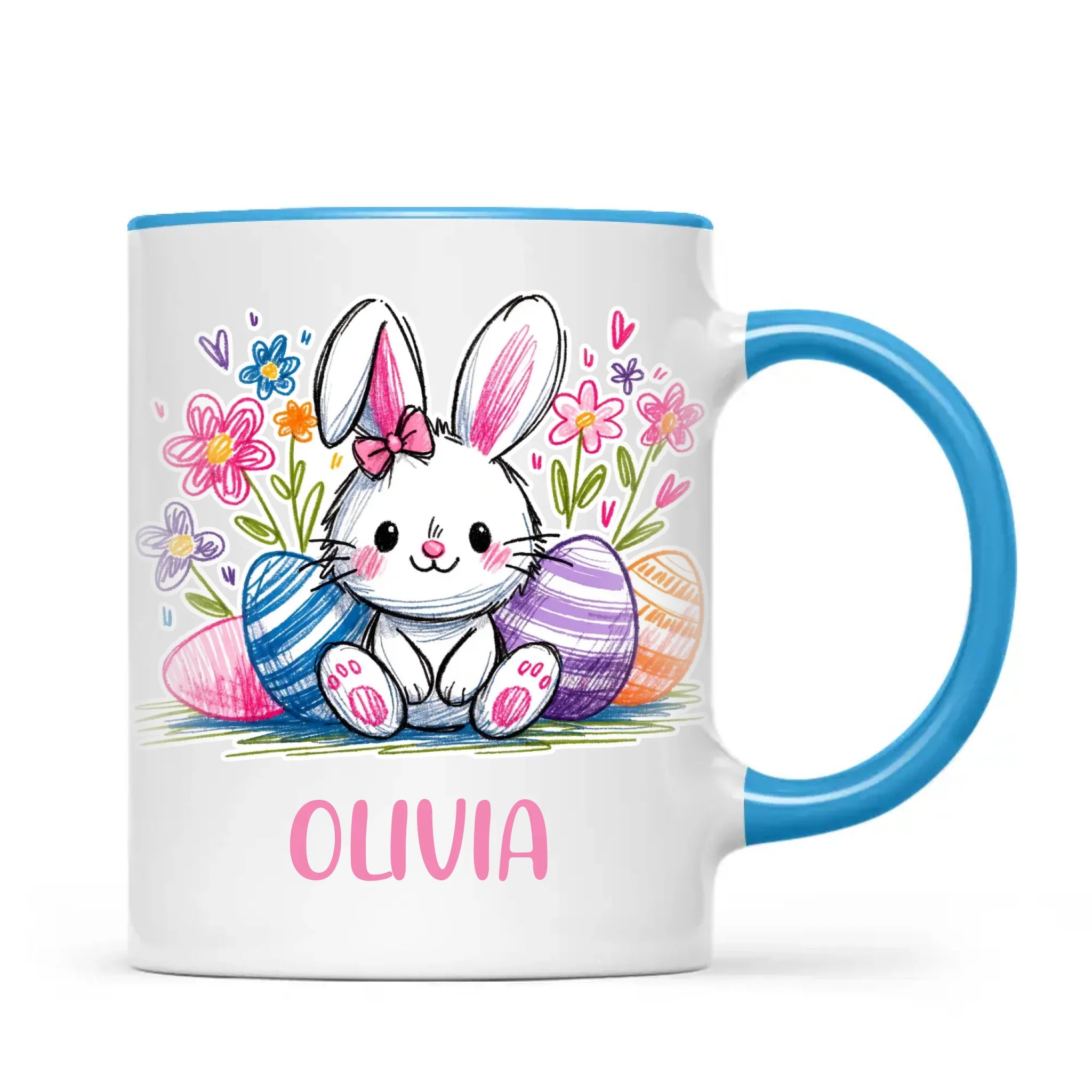Personalised Easter Bunny Mug – Custom Name Kids Cup with Colourful Eggs & Flowers – Cute Girl Bunny Gift – Ceramic or Enamel – NZ Made
