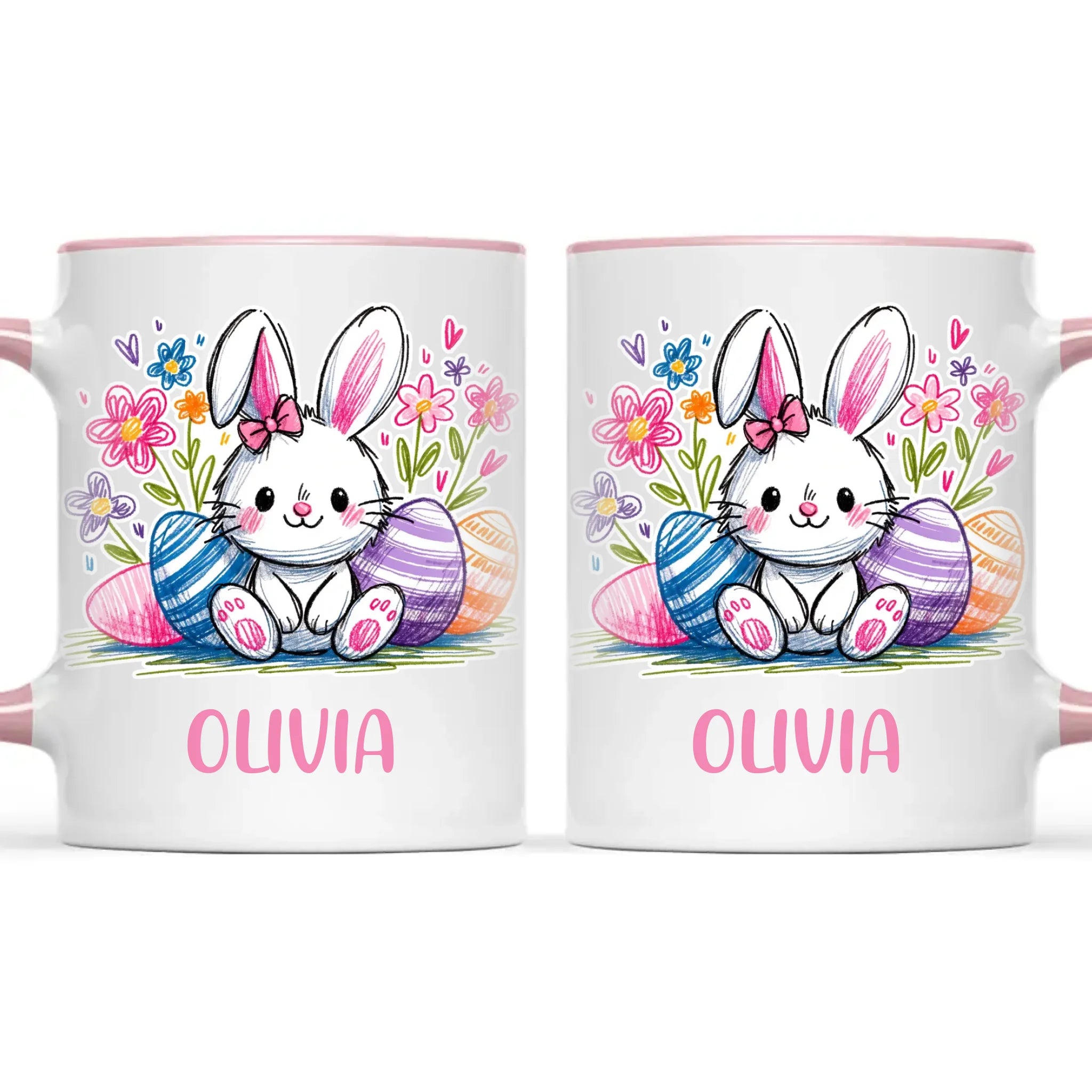 Personalised Easter Bunny Mug – Custom Name Kids Cup with Colourful Eggs & Flowers – Cute Girl Bunny Gift – Ceramic or Enamel – NZ Made