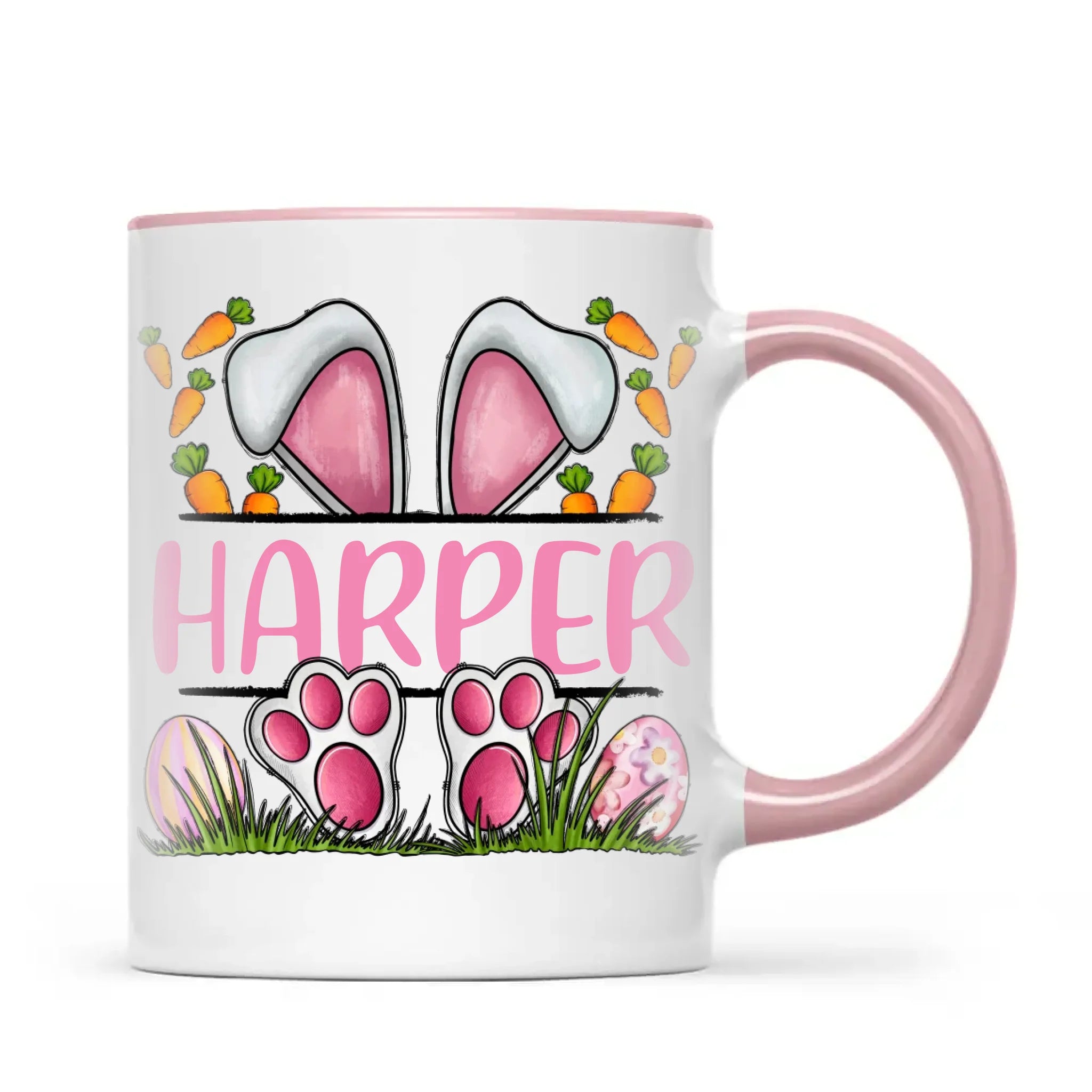 Personalised Easter Bunny Mug – Custom Name Kids Cup with Cute Pink Bunny Design, Carrots & Eggs – Enamel or Ceramic – NZ Made