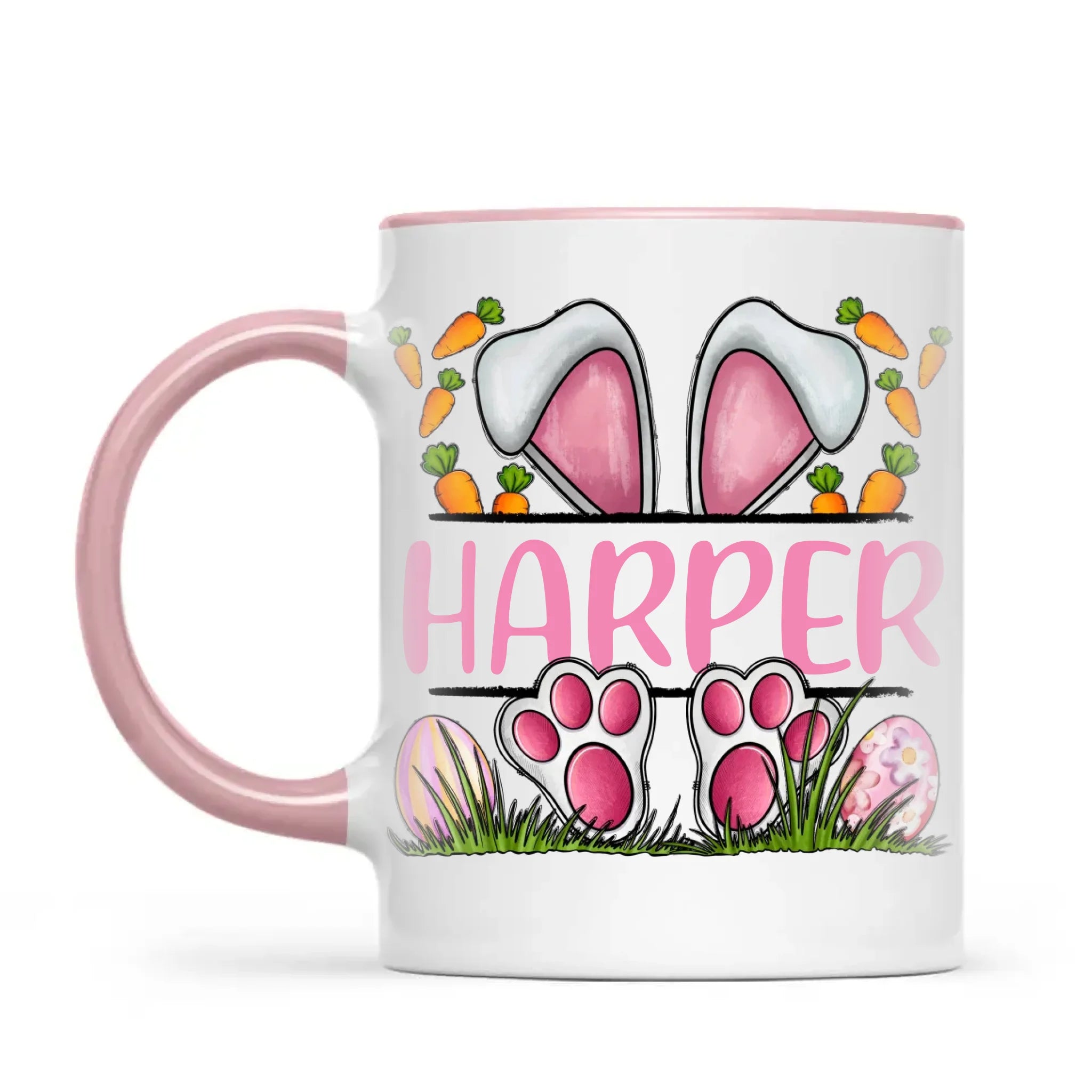 Personalised Easter Bunny Mug – Custom Name Kids Cup with Cute Pink Bunny Design, Carrots & Eggs – Enamel or Ceramic – NZ Made