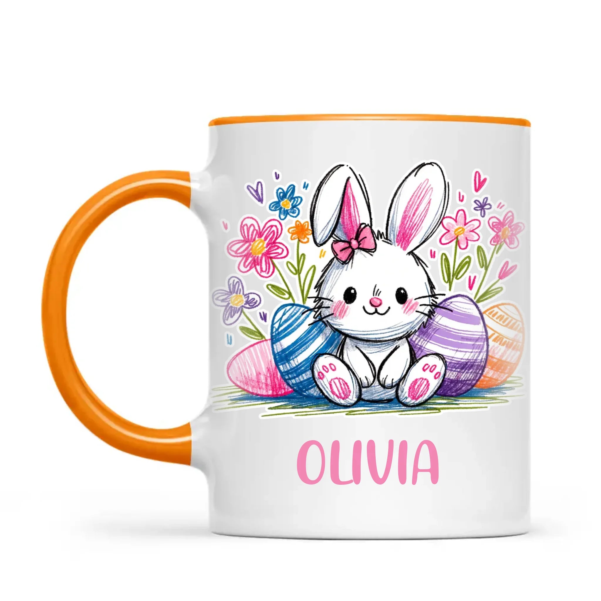 Personalised Easter Bunny Mug – Custom Name Kids Cup with Colourful Eggs & Flowers – Cute Girl Bunny Gift – Ceramic or Enamel – NZ Made