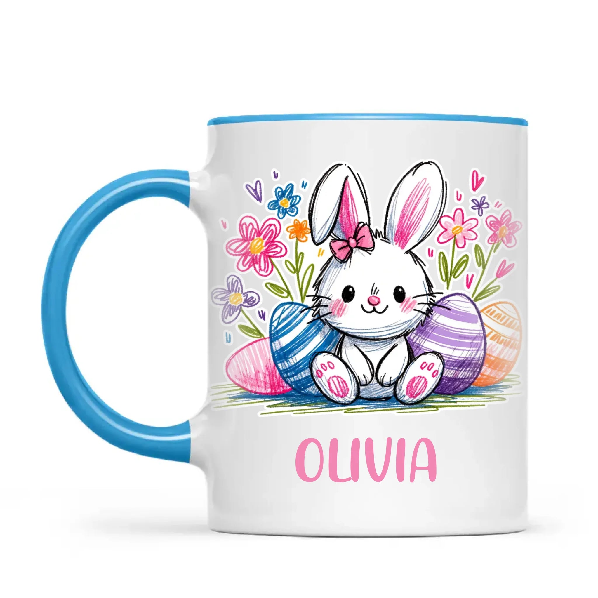 Personalised Easter Bunny Mug – Custom Name Kids Cup with Colourful Eggs & Flowers – Cute Girl Bunny Gift – Ceramic or Enamel – NZ Made