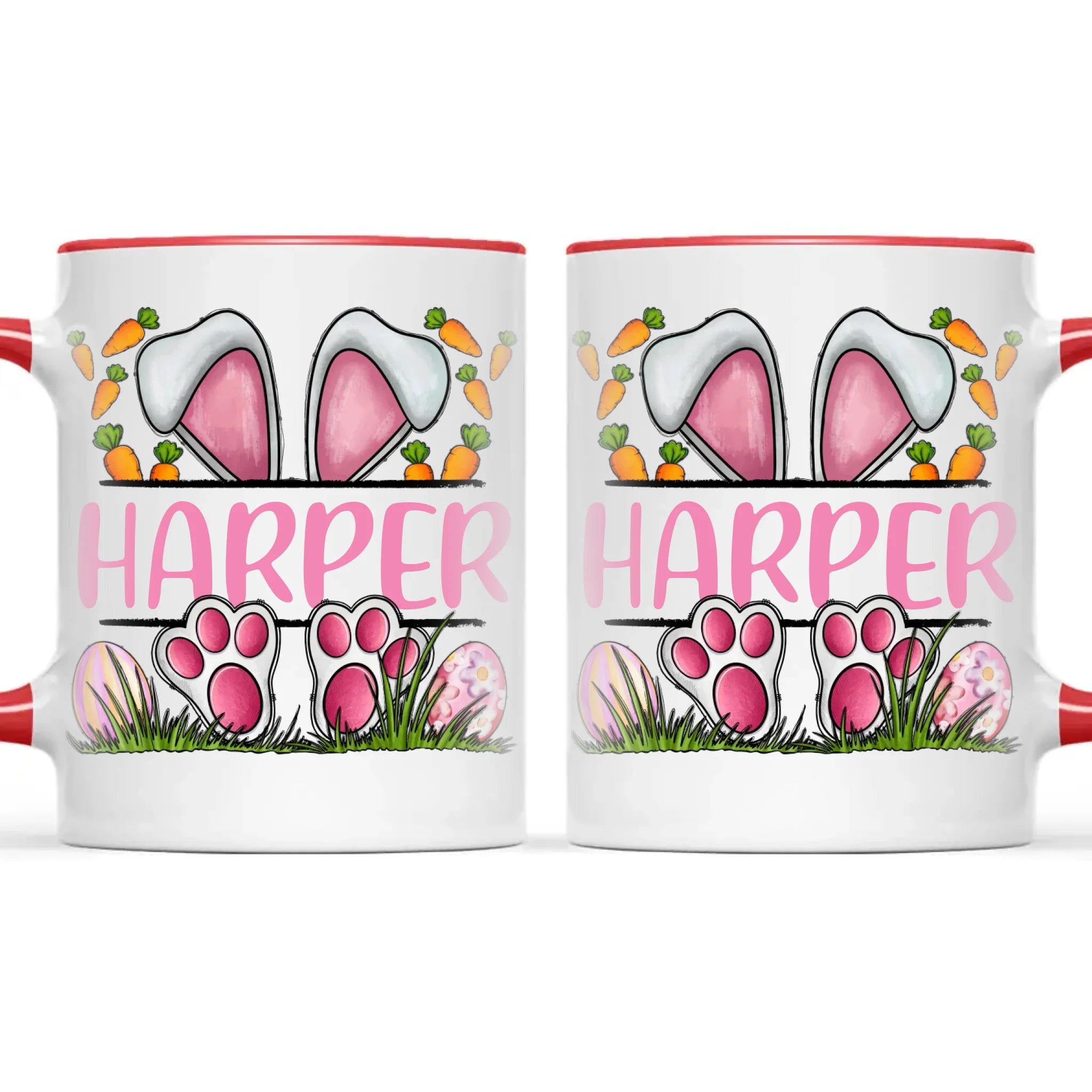 Personalised Easter Bunny Mug – Custom Name Kids Cup with Cute Pink Bunny Design, Carrots & Eggs – Enamel or Ceramic – NZ Made