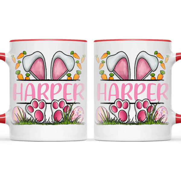 Personalised Easter Bunny Mug – Custom Name Kids Cup with Cute Pink Bunny Design, Carrots & Eggs – Enamel or Ceramic – NZ Made