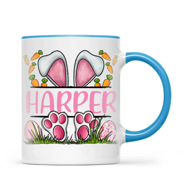 Personalised Easter Bunny Mug – Custom Name Kids Cup with Cute Pink Bunny Design, Carrots & Eggs – Enamel or Ceramic – NZ Made